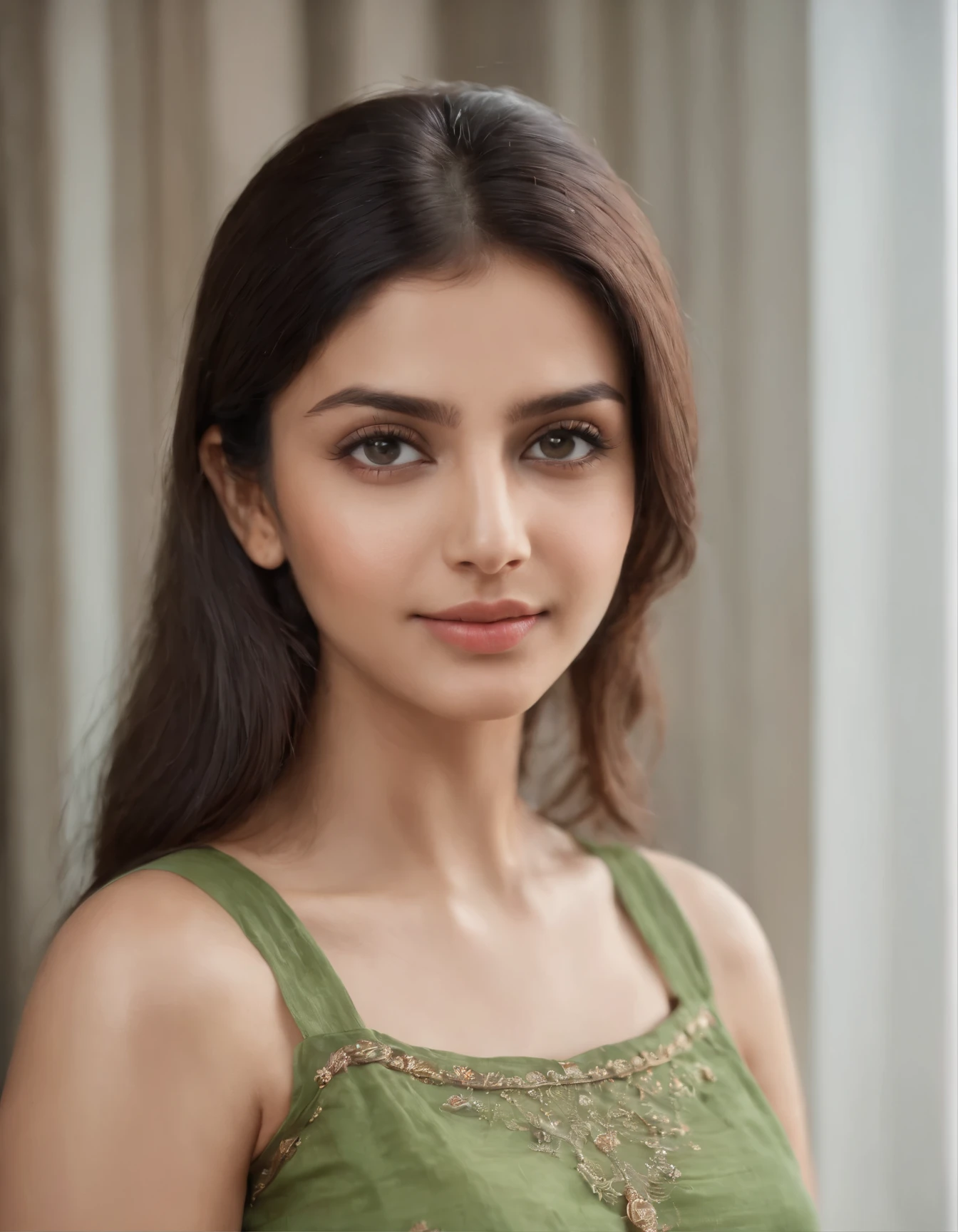 Full body Beautiful ,23 years young Indian girl healthy, confidential looking,8k,realistic, raw photo,dark brown hair,fair skin, indian,long hair,clear facial features,, very detailed, 23years old, innocent face, natural wavy hair, high resolution, masterpiece, best quality, intricate details, highly detailed, sharp focus, detailed skin, realistic skin texture, texture, detailed eyes, professional, 4k, charming smile, shot on Canon, 85mm, shallow depth of field, kodak vision color, perfect fit body, extremely detailed, foto_\(ultra\), photorealistic, realistic, post-processing, maximum detail, roughness, real life, ultra realistic, photorealism, photography, 8k uhd, photography wearing Green bandhani top, applying lip color|Focused look| Window view 