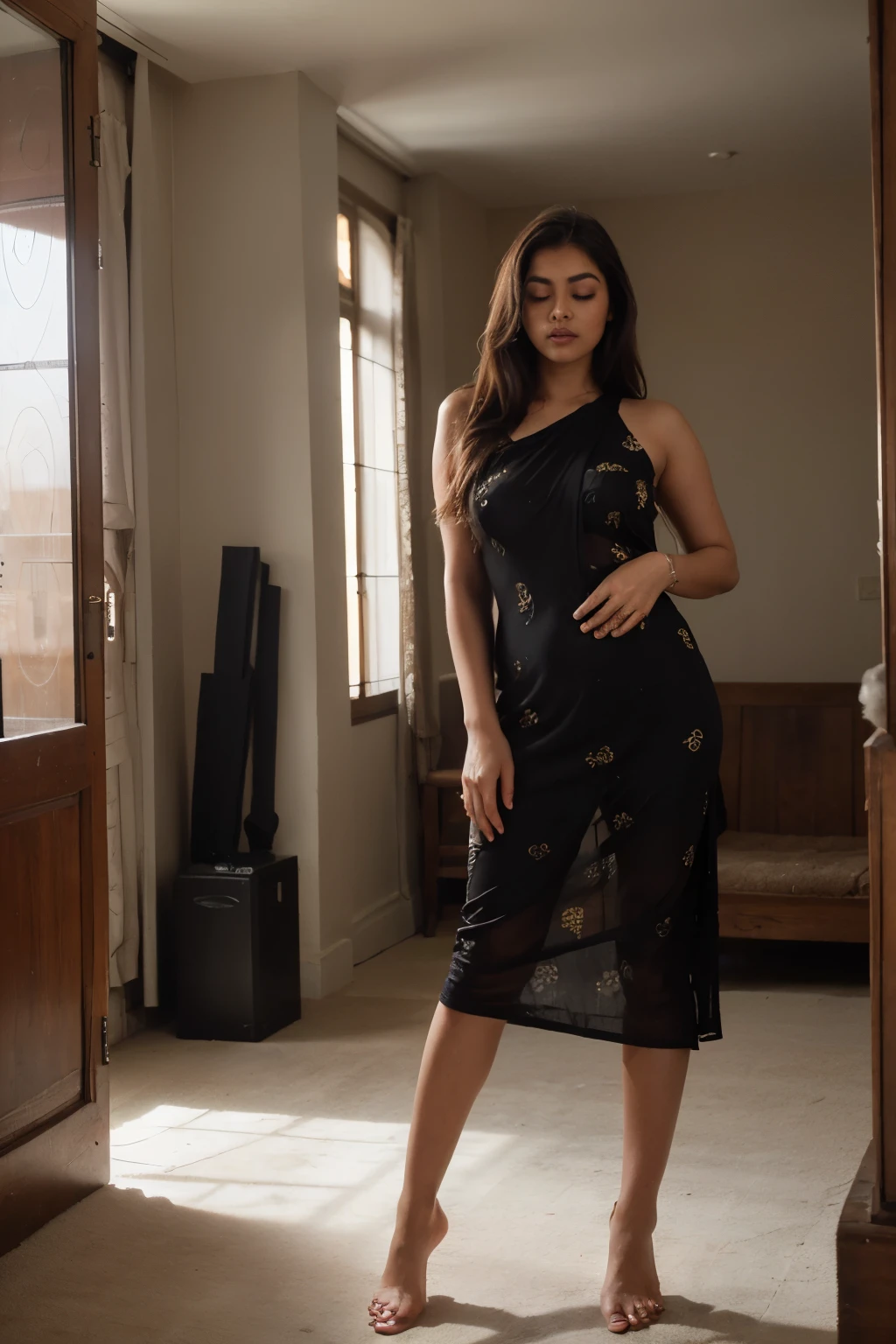 (best quality)), ((masterpiece)), ((detailed)), ((detailed face)), perfect eyes, ((detailed eyes)), ((20 years old)), ((indian girl)), ((chubby)), beautiful , ((big black eyes)), perfect eyes, natural light, ((day)), ((big ass)), medium breast,((wearing indian antique suits)) ,((full body dress), ((pose like supermodel)), standing, nice hairstyle, in room, bare shoulders, ((eyes closed))