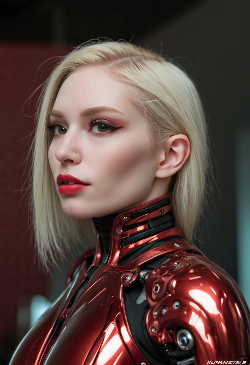 (masterpiece, best quality:1.2), woman with blonde hair posing for a picture, blonde hair and large eyes, pale-skinned perfect face, pale white face, with pale skin, ๐คค girl portrait, faint red lips, pale fair skin!!, red lips, pale skin and dark eyes, lovely delicate face, portait photo profile picture, hyper punk background, (humanoid cyborg:1.4) with (technological cyborg suit:1.4), (standing and looking straight:1.4)