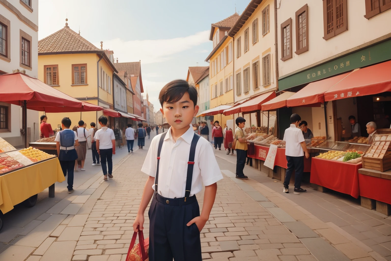 Along the cobblestone streets of a European-inspired city square in the 2000s, a -year-osian , with slicked-back hair and suspenders, explores the marketplace filled with street performers and quaint stalls, surrounded by historic architecture.