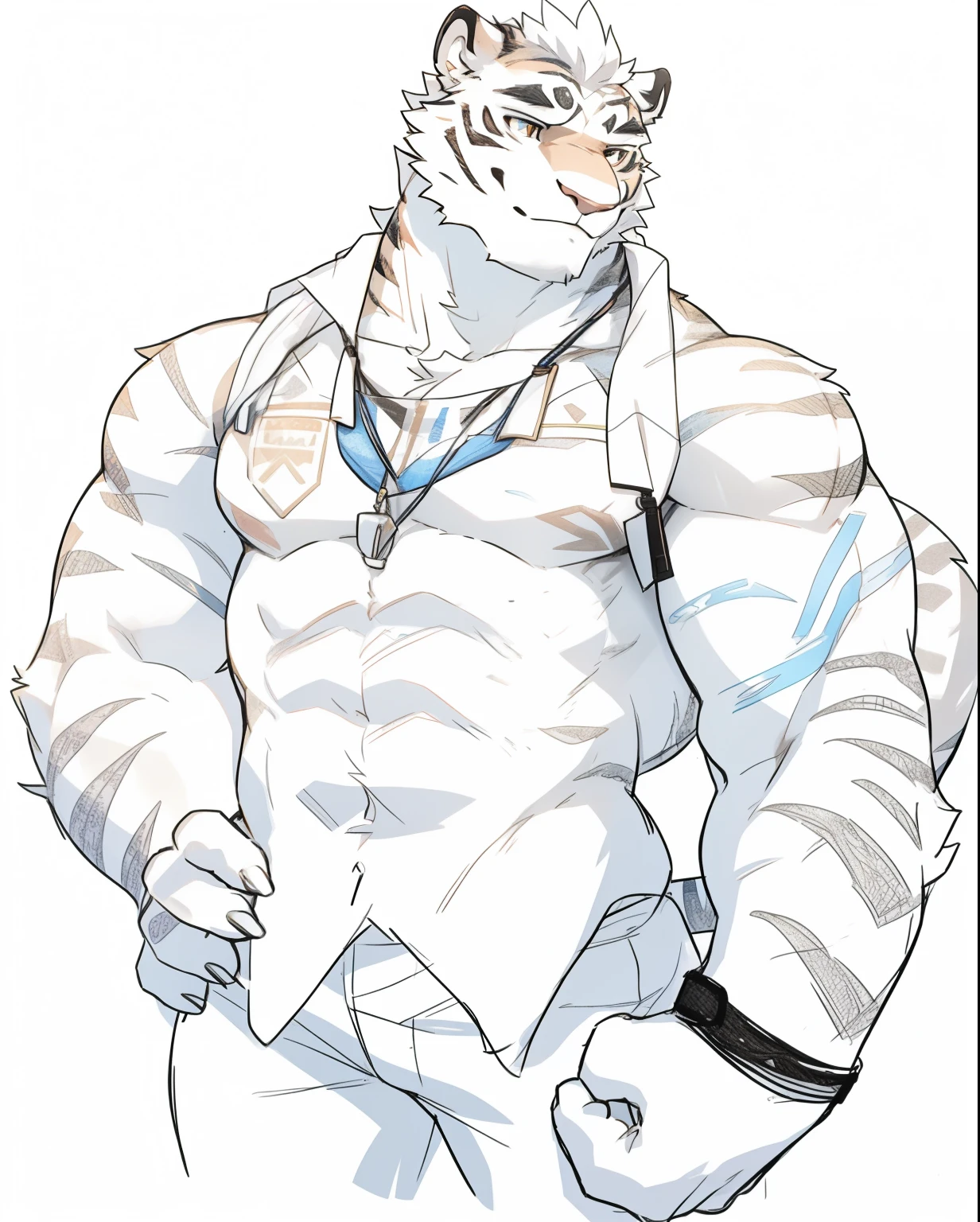 tiger orc, tall and athletic, sports student, Sunny and handsome, simple background, white wall, Dappled light, Natural light, Interior rendering, Jimi, clear细节, realism, rendering, Nikon, c4d, 3DMAX, Redshift rendering, Corona rendering, Behavior -- ar 1:2--C 10, nude, hands crossed, Shy, oestrus,clear,Clean sunshine,five fingers,five fingers