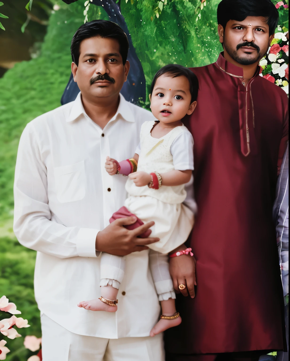 there are two men and a  standing in front of a picture, complex background, edited in photoshop, portrait image, edited, full protrait, happy family, very very low quality picture, portrait picture, photoshopped, detailed portrait, background blur, full body photogenic shot, father, vinayak, background removed, with a kid,ofile picture, added detail