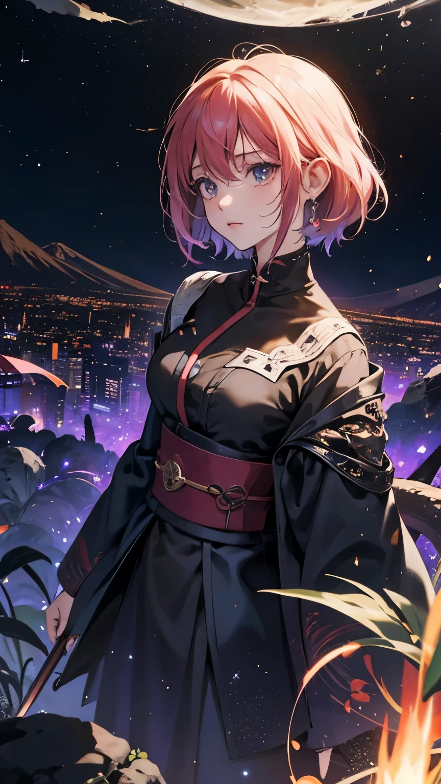 Shin-ichi Sakamoto, Neo Rauch, Surreal, mysterious, strange, fantastical, fantasy, sci-fi, Japanese anime The night colored by comets was fleeting and scattered, thousands of sparkles became blurred and disappeared. That nocturnal city was covered with the illusion of a slight sleep. Billions of years of stardust covered it, Beautiful girl still visible, perfect volcano body, detailed masterpiece perspectives