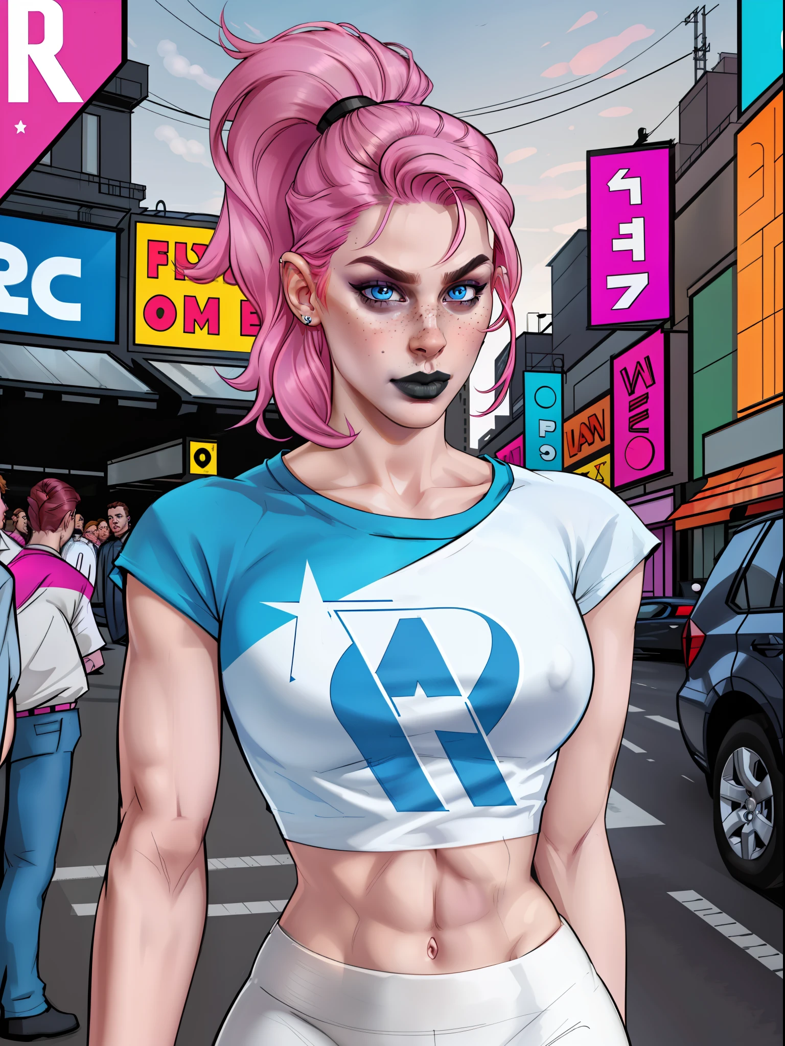 Close up of an adult supermodel woman face, at a busy cluttered (crowded city street) background, detailed background, daytime, pale blue eyes, detailed short burnt pink hair with ponytail, shaved sides haircut, freckles, blushing, (smouldering pouting expression), single eyebrow raised, eye shadow, black lipstick, pierced eyebrow, (big tits), wearing a (loose (graphic tshirt) crop top), detailed cloth folds, looking to the side, comic book style, flat colors, intricate comic book outline linework, sexy angular superheroine face
