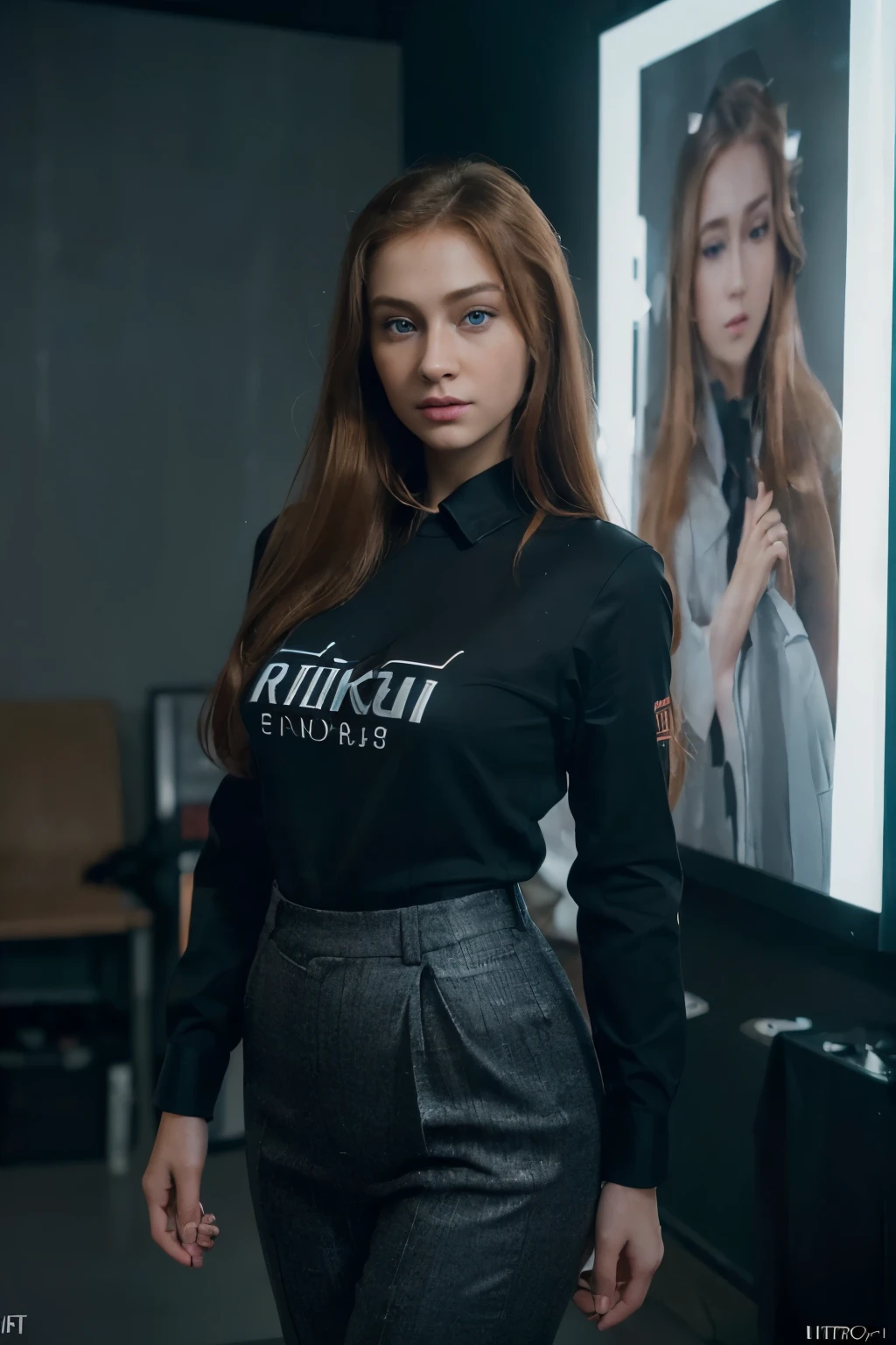 Masterpiece, (((accurate female anatomy, perfect eyes, long ginger hair, full body shot, wearing a wearing smart trousers and a shirt, doing the cat walk at a fashion show)) soft lighting, colors, very detailed, dramatic lighting, digital art trending on Artstation 8k HD high definition detailed realistic, detailed, skin texture, hyper detailed, realistic skin texture, armature, best quality, ultra high res, (photorealistic:1.4), high resolution, detailed, raw photo, sharp re, nikon d850 film stock photograph 4 kodak portra 400 camera f1.6 lens rich colors hyper realistic lifelike texture dramatic lighting unrealengine trending on artstation cinestill 800, (((500px, fstoppers, photosight.ru, metart, iso noise)))