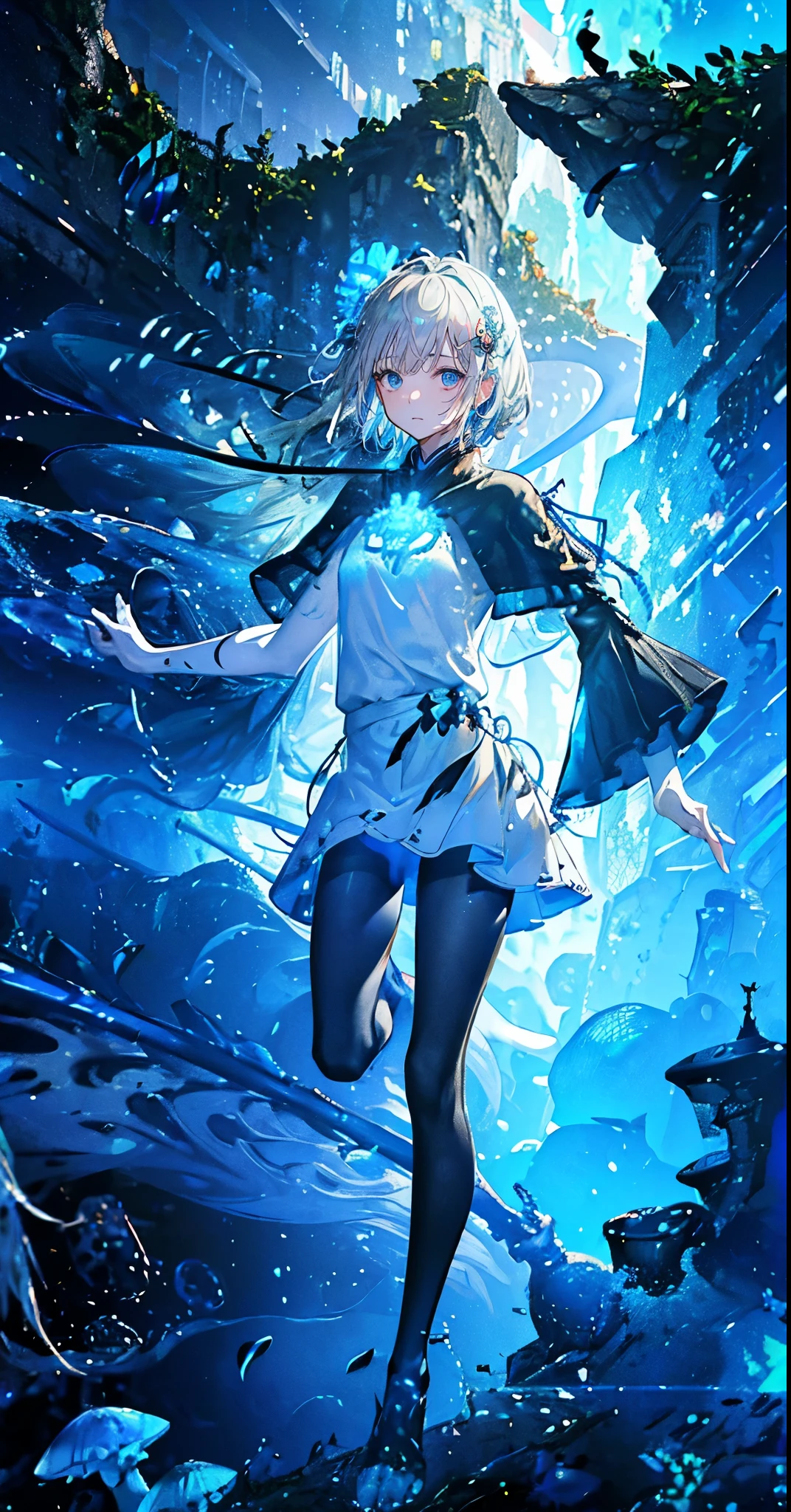(muste piece), (best quality), very detailed, 1 boy, Solo Full Body Shot, perfect face, beautiful girl, very detailed顔，(gray hair:1.5)，(blue eyes:1.4)，(float:1.4)，(in water:1.4)，(float:1.3)，seabed，school of fish，Light，jellyfish，seaweed，Red fish，Yellow fish，deep sea，fantasy