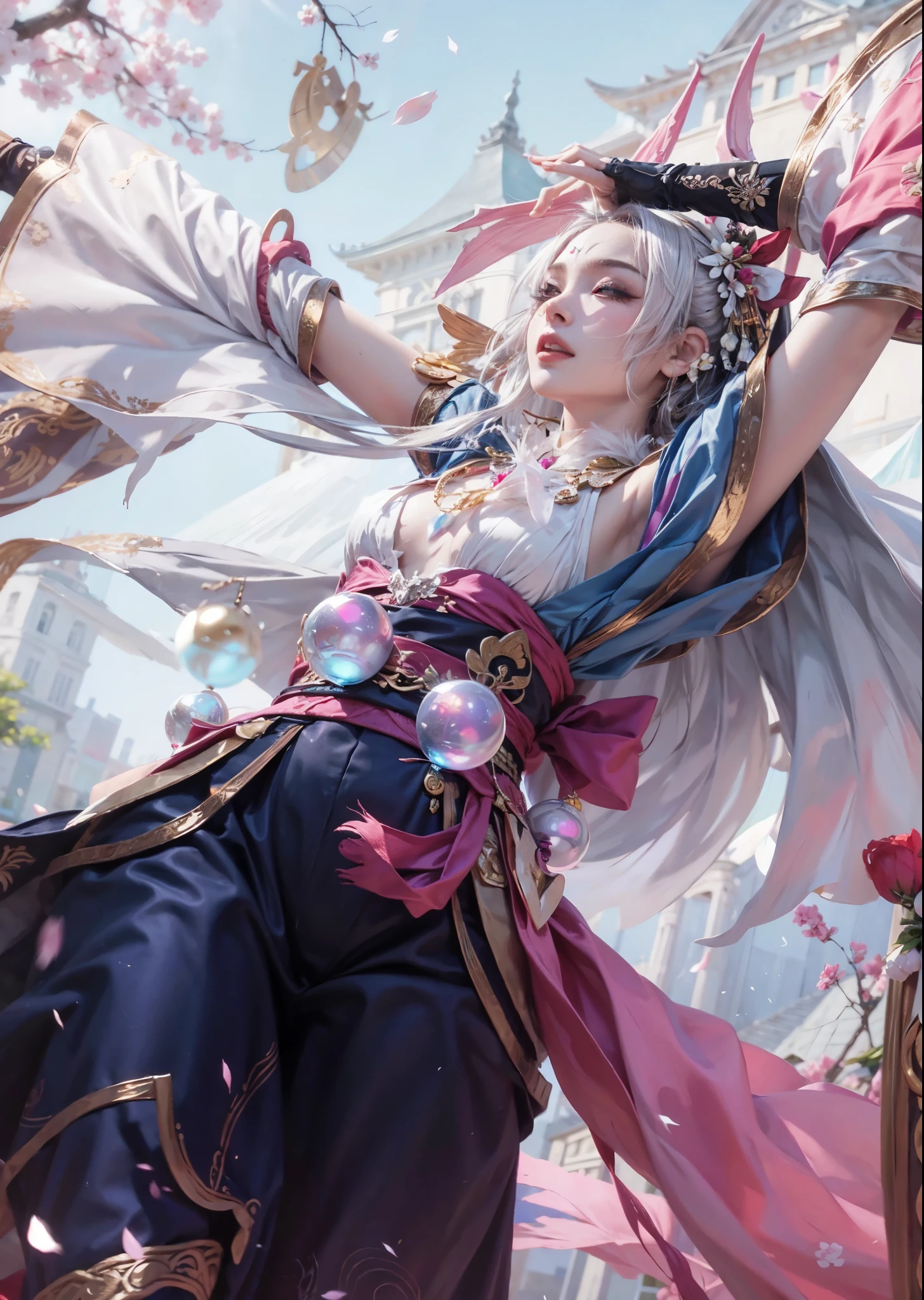 (Realistic), Texture, A South American woman in a kimono,(Silver white short hair), (closed eyes), Winged eyeliner, European makeup, mascara,(bronze skin), 4 crystal balls , Colorful horns on head, Onmyoji,Cherry blossoms fluttering