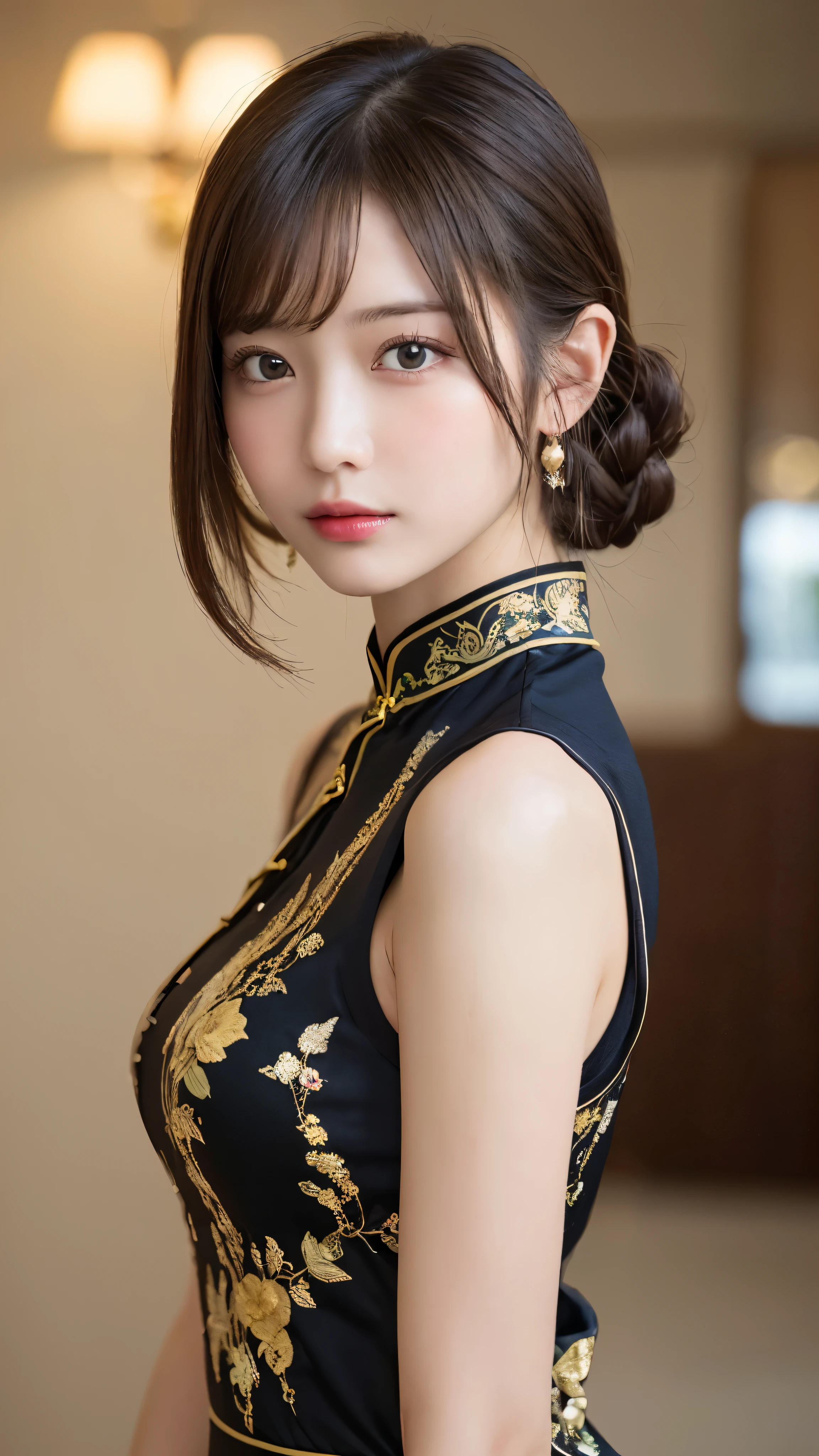((NSFW))、(masterpiece:1.5)、(realistic:1.5)、(highest quality:1.4、8K、RAW photo）、
ultra high resolution、professional lighting、perfect dynamic composition、indoors、
film grain、chromatic aberration、(Bokeh:1.1)、
Frank、Sophisticated、Charm、surreal、high detail、golden ratio、
(1 girl)、slender girl、繊細でCharm女の子、cute woman:1.4、
serious expression、looking at the viewer、Take a full body photo、
light brown hair、shining hair、Random cute hairstyles、
clear and beautiful skin、skin that looks real、
close your mouth、natural color lip、fine eyes、double eyelid、thin arms、
(Wearing a black cheongsam)