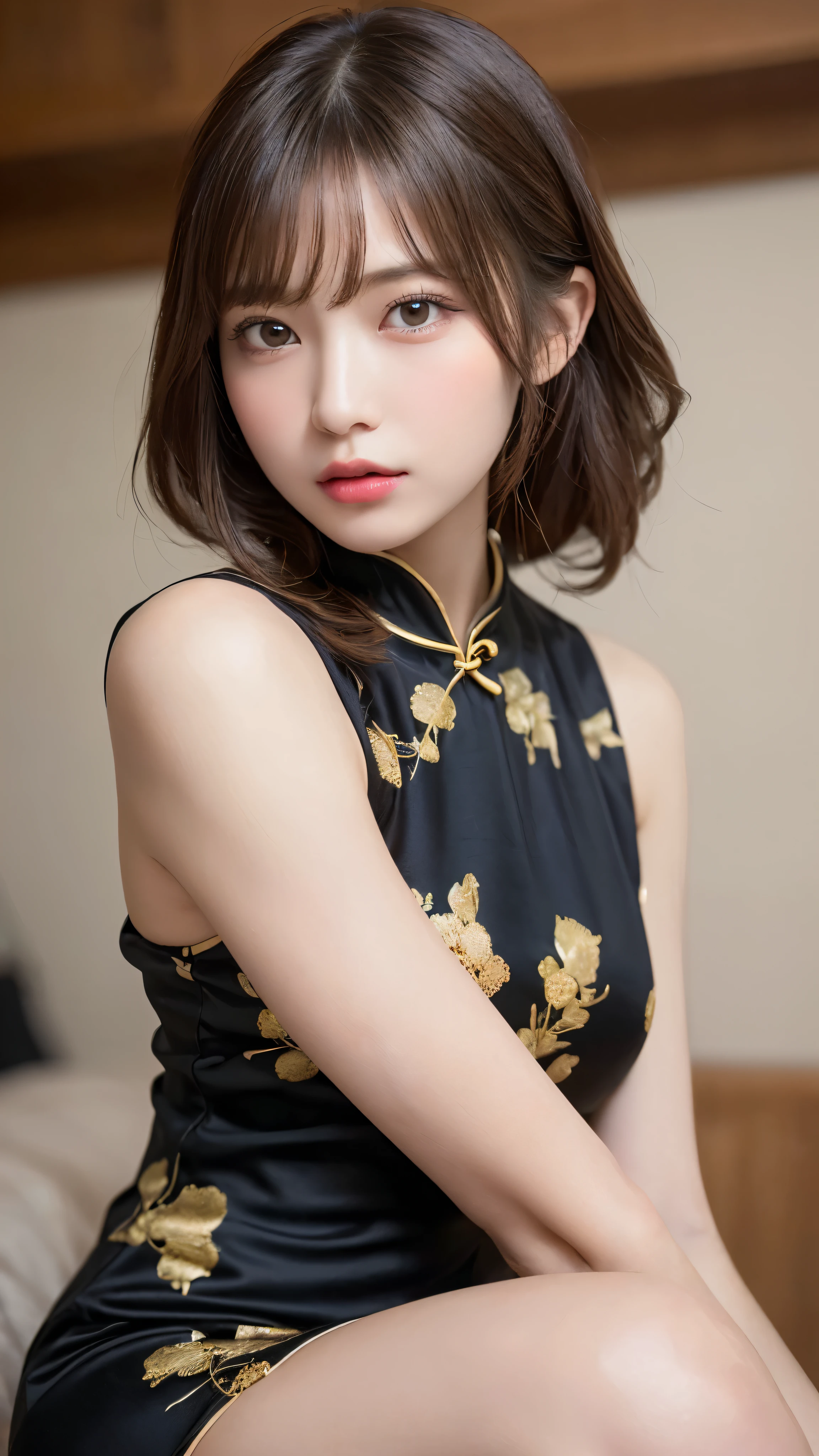 ((NSFW))、(masterpiece:1.5)、(realistic:1.5)、(highest quality:1.4、8K、RAW photo）、
ultra high resolution、professional lighting、perfect dynamic composition、indoors、
film grain、chromatic aberration、(Bokeh:1.1)、
Frank、Sophisticated、Charm、surreal、high detail、golden ratio、
(1 girl)、slender girl、繊細でCharm女の子、cute woman:1.4、
serious expression、looking at the viewer、Take a full body photo、
light brown hair、shining hair、Random cute hairstyles、
clear and beautiful skin、skin that looks real、
close your mouth、natural color lip、fine eyes、double eyelid、thin arms、
(Wearing a black cheongsam)