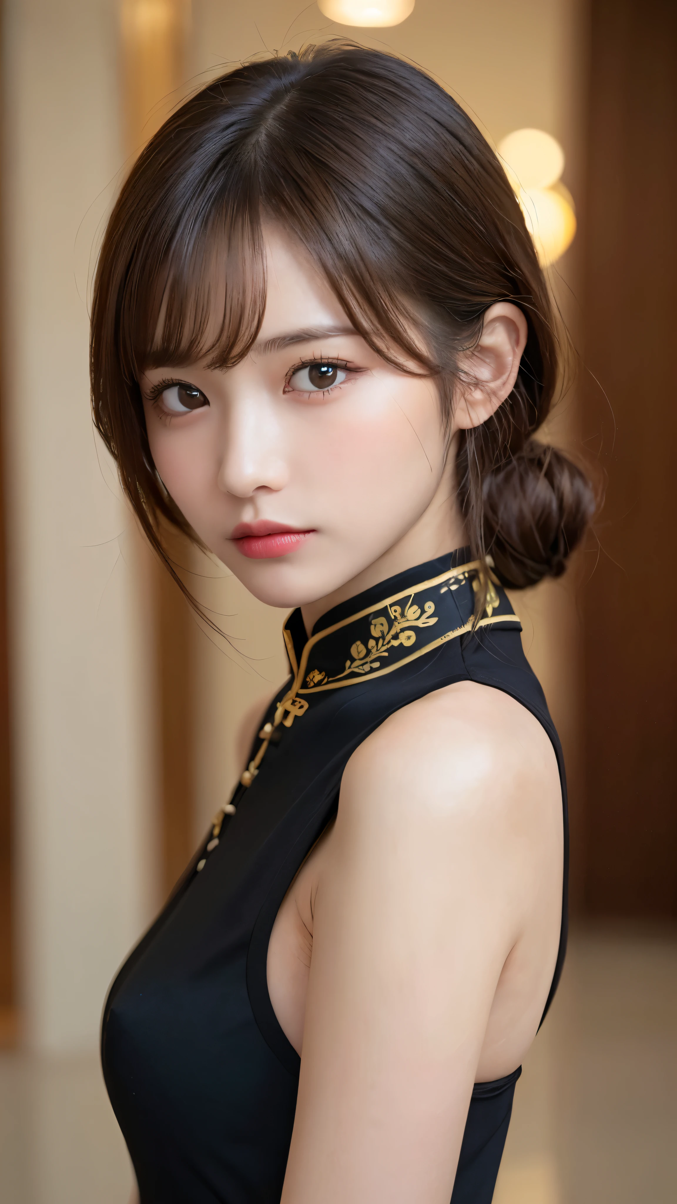((NSFW))、(masterpiece:1.5)、(realistic:1.5)、(highest quality:1.4、8K、RAW photo)、
ultra high resolution、professional lighting、perfect dynamic composition、indoors、
film grain、chromatic aberration、(Bokeh:1.1)、
Frank、Sophisticated、Charm、surreal、high detail、golden ratio、
(1 girl)、slender girl、繊細でCharm女の子、cute woman:1.4、
serious expression、looking at the viewer、Take a full body photo、
light brown hair、shining hair、Random cute hairstyles、
clear and beautiful skin、skin that looks real、
close your mouth、natural color lip、fine eyes、double eyelid、thin arms、
(Wearing a black cheongsam)