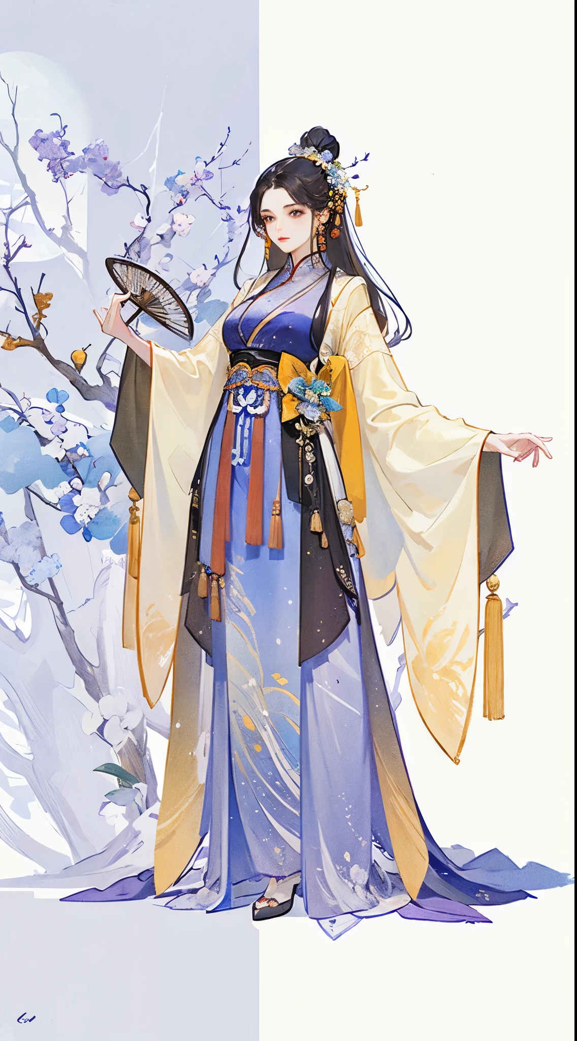 wearing Chinese Traditional dress、Alafid woman holding fan, palace ， A girl wearing Hanfu, Inspired by Lan Ying, flowing magic robe, Beautiful full body concept art, Inspired by Qiu Ying, Moon themed clothing, flowing robe, fashion concept art, wearing chinese clothes, wearing flowing robe, Inspired by Xie Sun, hanfu, beautiful figure painting