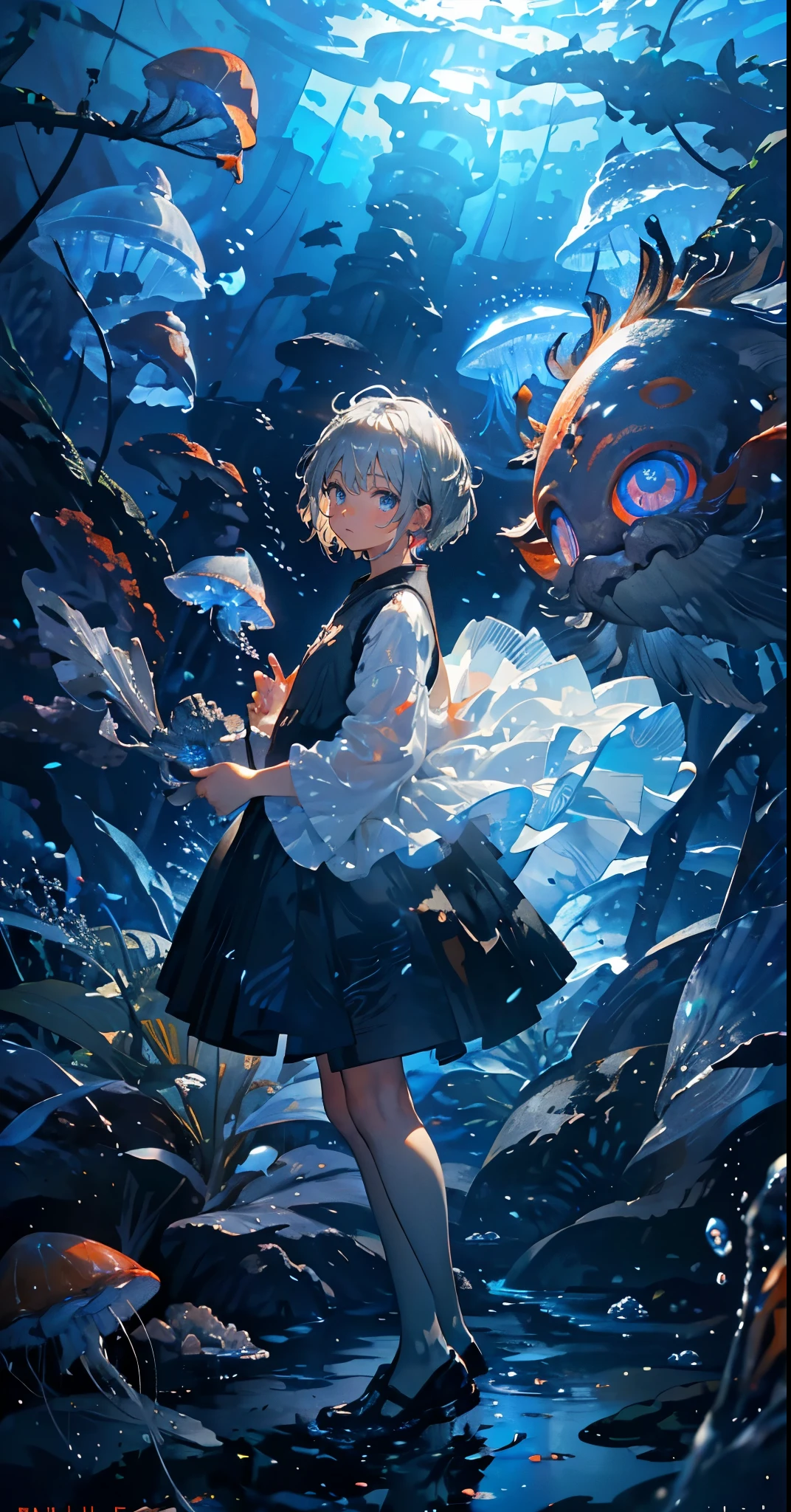 (muste piece), (best quality), very detailed, 1 boy, Solo Full Body Shot, perfect face, beautiful girl, very detailed顔,(Gray-haired shorthair:1.5),(blue eyes:1.4),(float:1.4),(in water:1.4),(float:1.3),seabed,school of fish,Light,jellyfish,seaweed,Red fish,Yellow fish,deep sea,fantasy