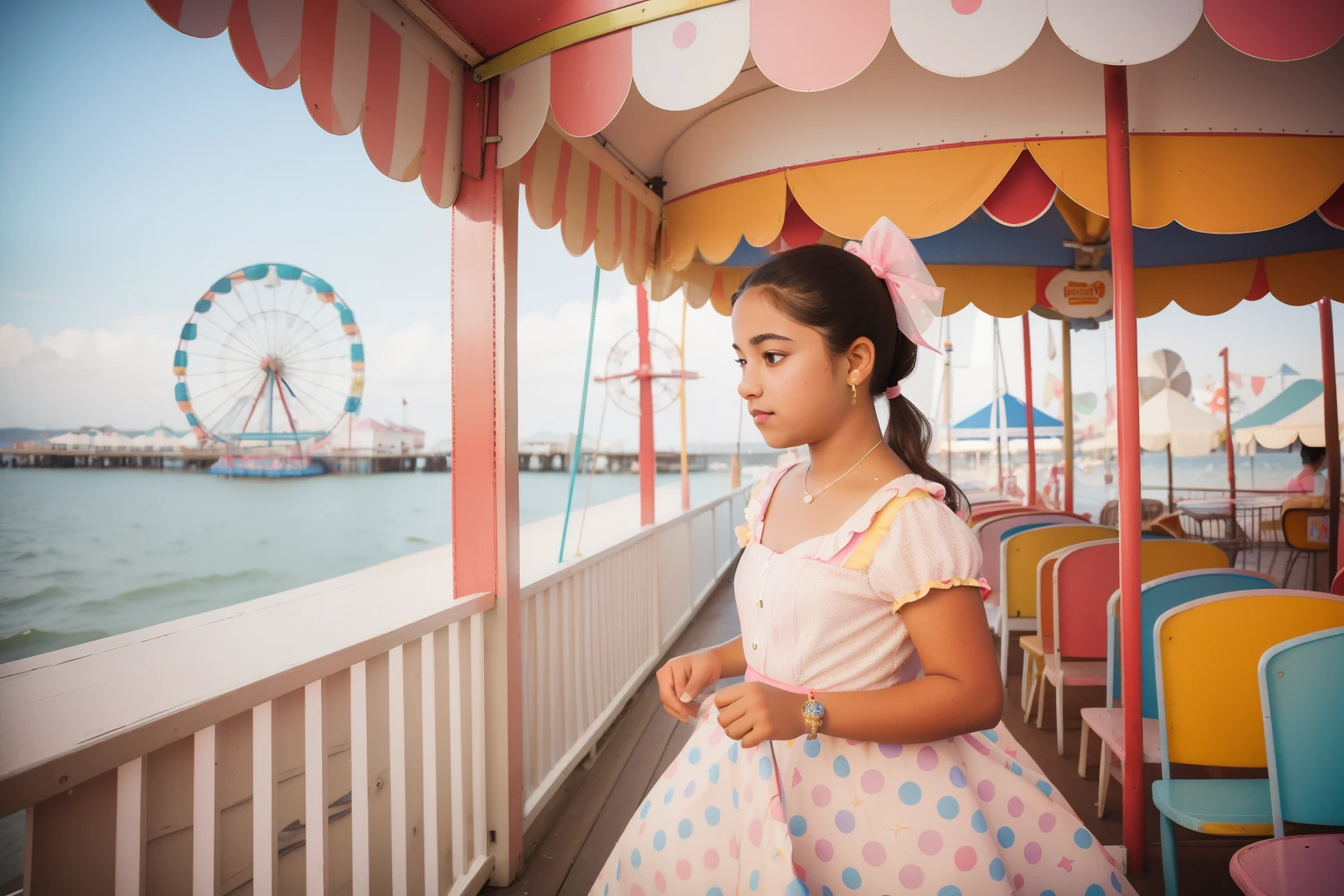 Amidst the vintage carnival games of a seaside pier in the 2010s, a thirteen-year-old Latino girl, with a ribbon-adorned ponytail and a polka-dotted dress, tries her hand at a whimsical ring toss, surrounded by pastel-colored booths and a Ferris wheel in the background.