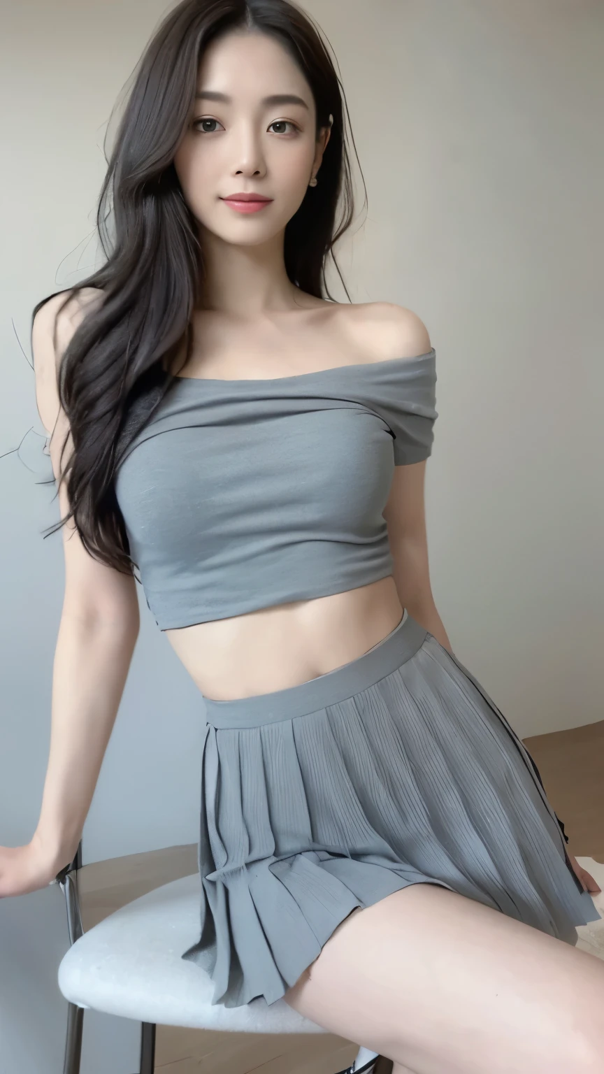 ((top-quality、8k、masterpiece:1.3))、Beautiful woman with perfect body:1.4、slim abdomen:1.2、Longhair, normal breast, Highly detailed facial and skin texture, A detailed eye, (smile), (full body shot), ((studio)), (sitting on the chair), (((wearing pleated skirt)), looking in front, (((plain grey background:1.3)))