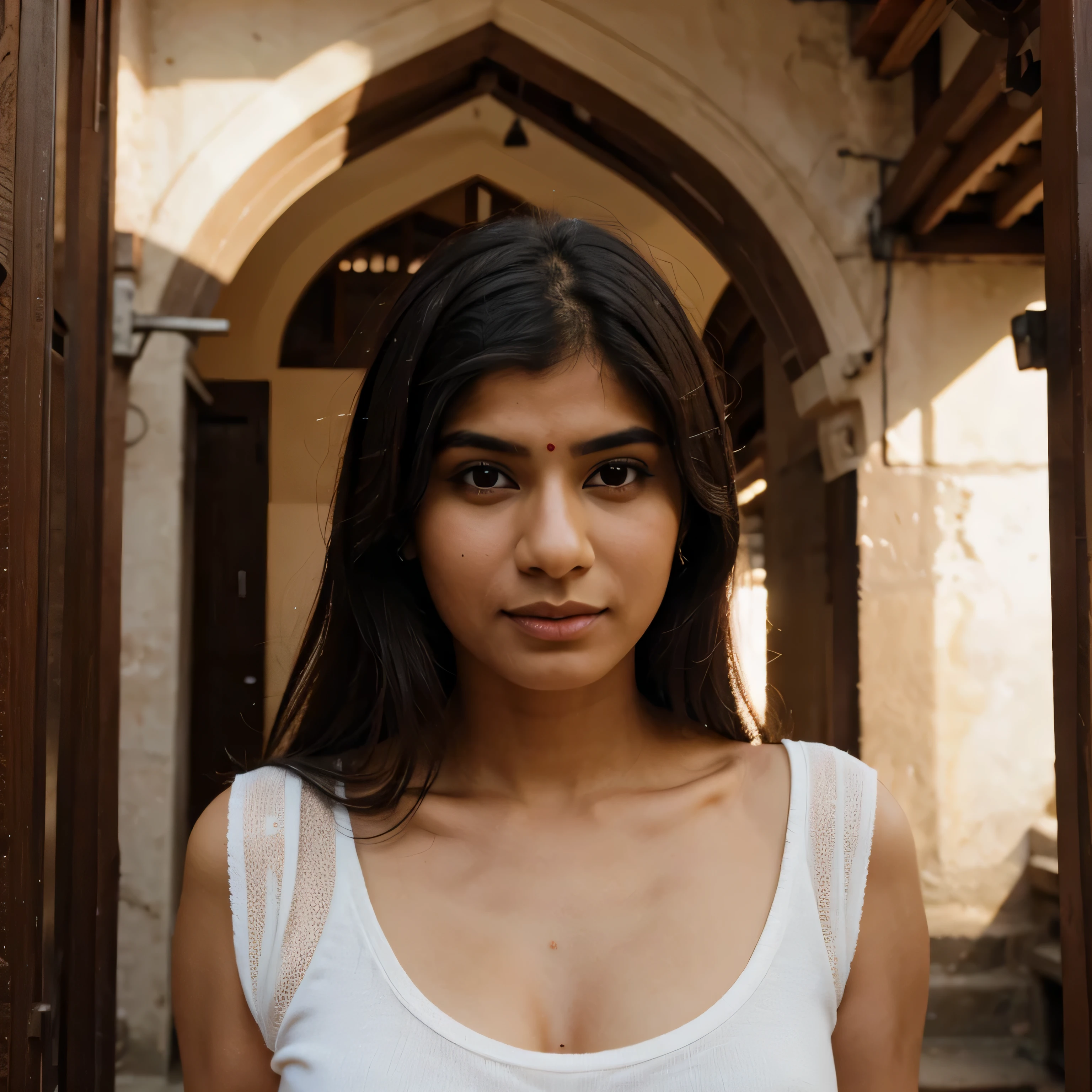 indian lady in temple, and the face similiar like mia khalifa