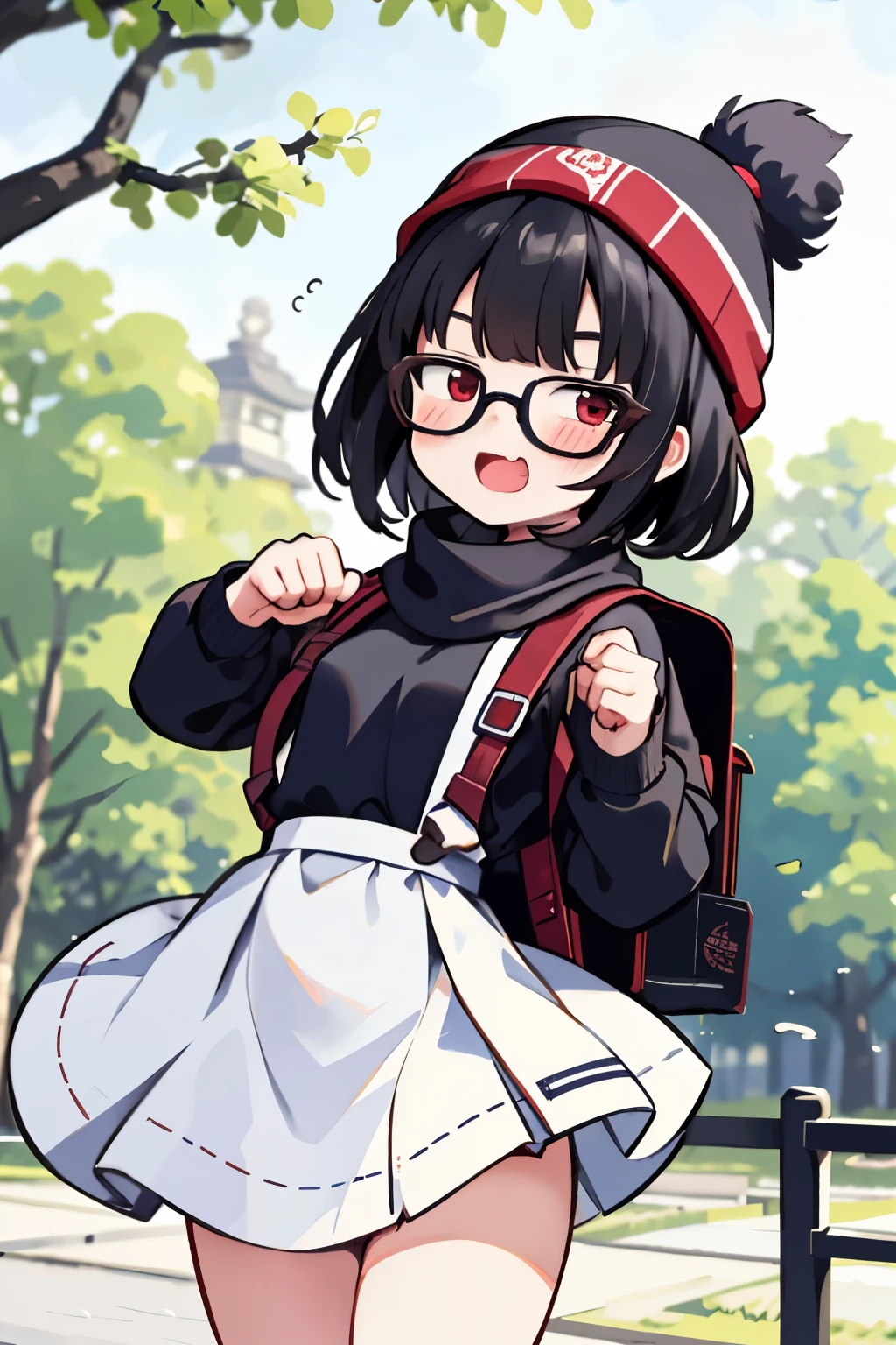 (masterpiece), insanely detailed, absurdres, ultra-highres, ultra-detailed, best quality, 1 girl, solo, nice hands, perfect hands, best quality, high quality, perfect-lighting, illustration, cute little girl, detailed-face, detailed-body, small breasts, dynamic pose, cowboy shot, looking at viewer, anime moe artstyle, full body model, kawaii, black hair, fluffy cut hair, (short) red eyes, beautiful woman, 1 girl, solo, cute girl, blushing, expressive eyes, perfect face, happy smile, laugh, open mouth, black beanie, (black) fluffy cut black hair, black scarf, red japanese backpack, (wearing gym uniform), Round Glasses Black, smug face, by Canon EOS, SIGMA Art Lens 35mm F1.4, ISO 200 Shutter Speed 2000, in Ueno Park, Japan, forestscape, (cleavage:-1.5), 