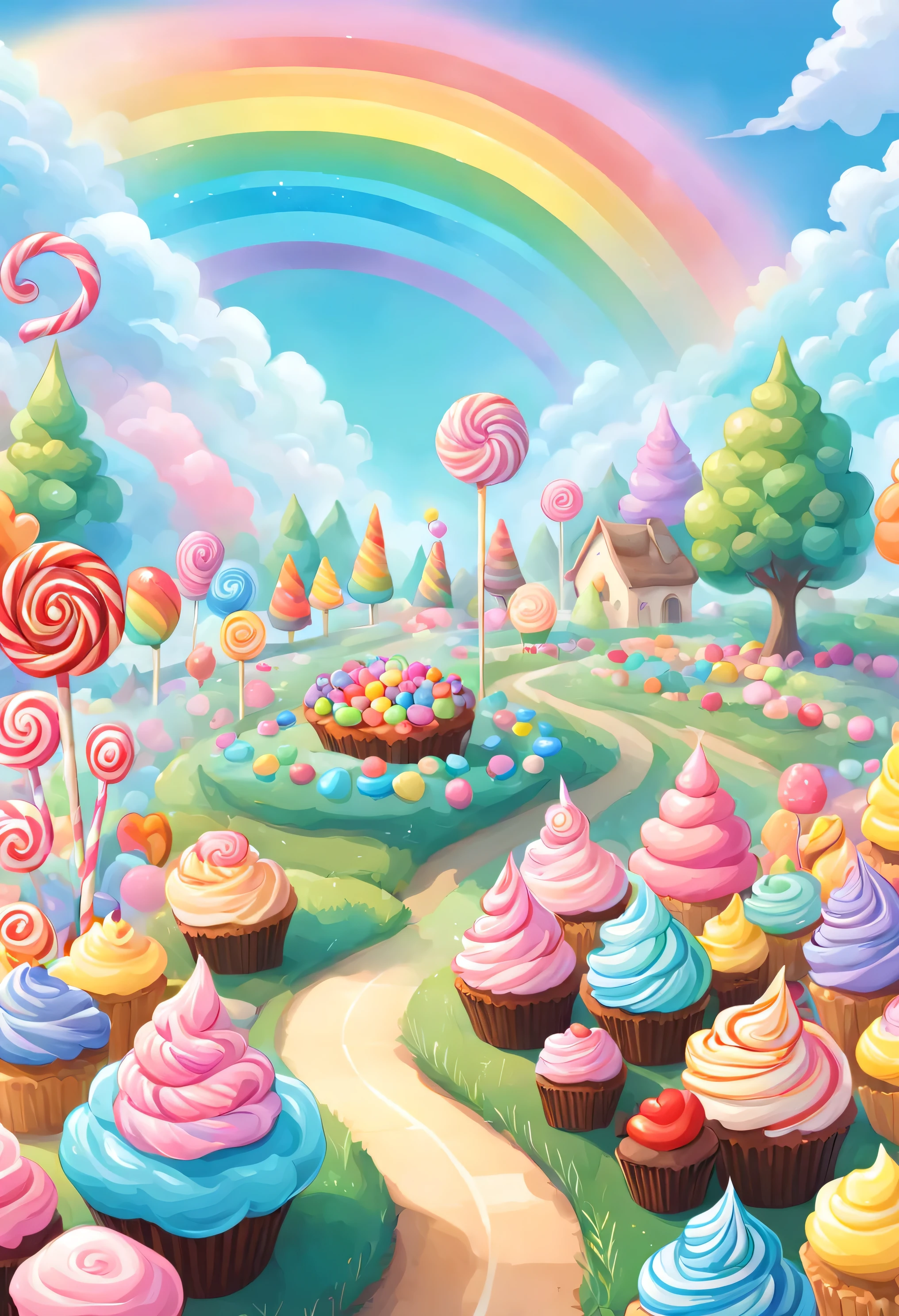 a land filled with love and candy, soft outlines, magnificent, celestial, ethereal, painterly, epic, majestic, magical, fantasy art, dreamy, oversaturated, vibrant candy in front view, cotton candy, sugar candy stripe rainbow, lollipop flowers, cream trees, cupcakes, chocolate, waffles, elemetns on sides, center view of candy field in the distance and rainbow