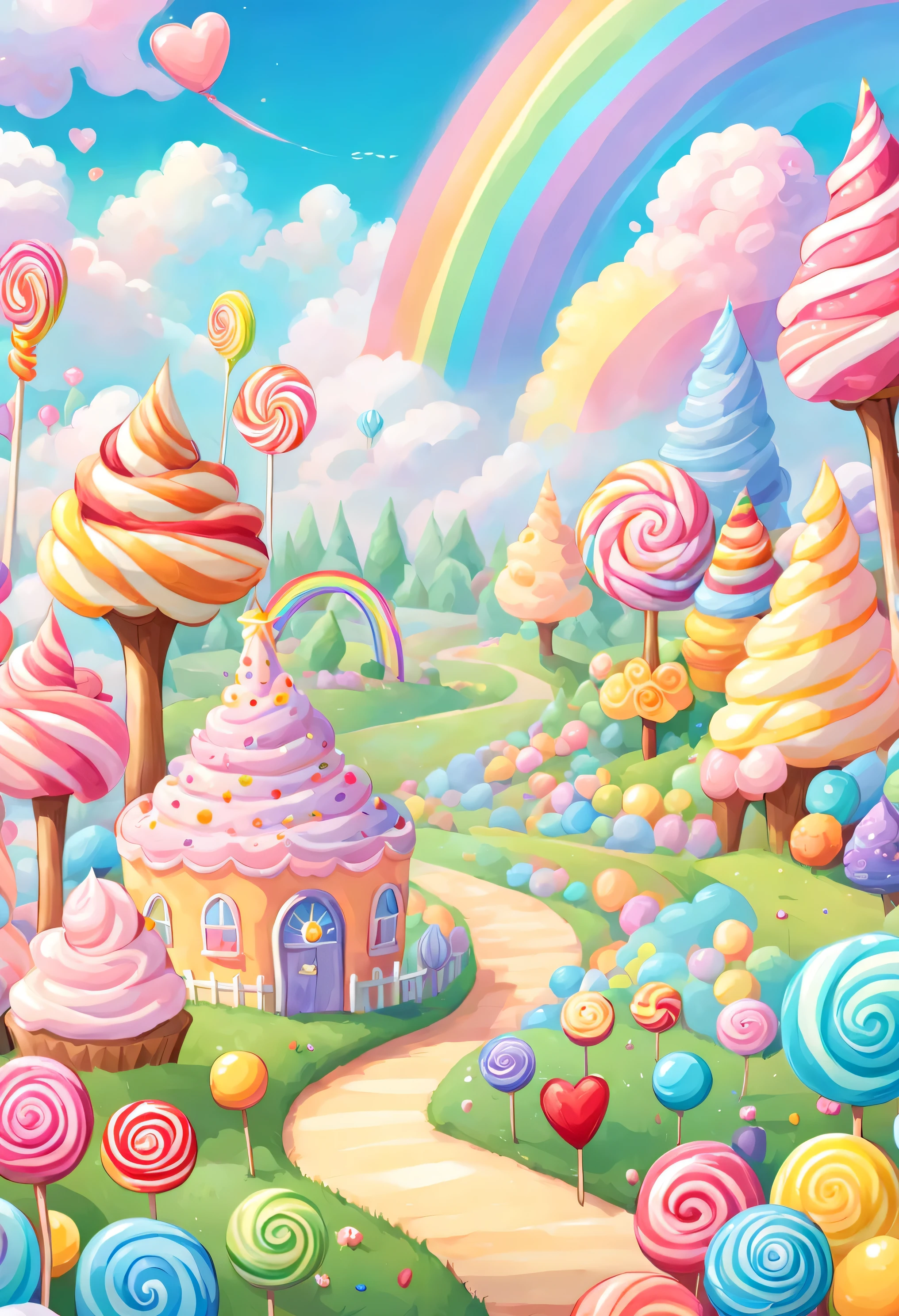a land filled with love and candy, soft outlines, magnificent, celestial, ethereal, painterly, epic, majestic, magical, fantasy art, dreamy, oversaturated, vibrant candy in front view, cotton candy, sugar candy stripe rainbow, lollipop flowers, cream trees, cupcakes, chocolate, waffles, elemetns on sides, center view of candy field in the distance and rainbow