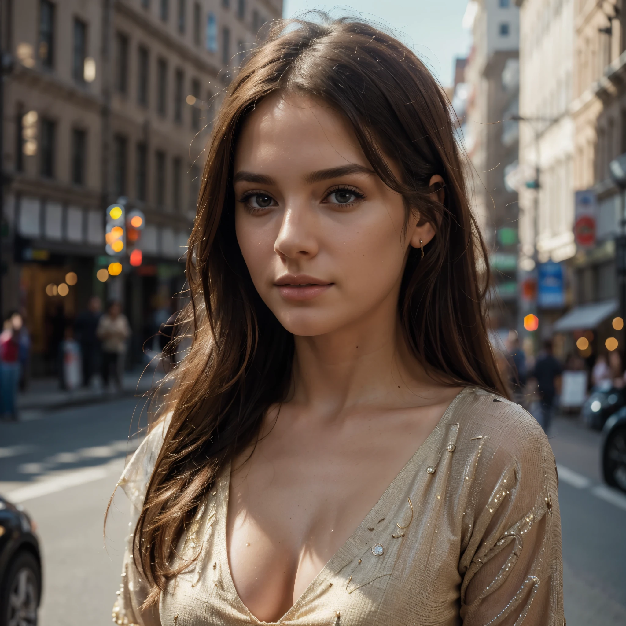 Create a very realistic and beautiful model with the following detailed features: Gender: Female, Age: Young adult (approximately 20-25 years old), Hair: Long, wavy and reddish with a natural shine, gently cascading around the shoulders and back back. . . . . . . . . . . , Eyes: Bright green with a captivating, slightly almond-shaped look, detailed with natural highlights, Skin: Fair complexion with a light texture, including natural freckles on the nose and cheeks, giving a youthful and vibrant appearance: Fair complexion with a light texture, including natural freckles on the nose and cheeks, giving a youthful and lively appearance, Face: with a smooth and natural contour, soft, full lips with a slight pinkish tint and a slightly delicate upturned nose, Expression : a sweet face, with a touch of mischief, which conveys warmth and accessibility, Clothing: a flowing dress, bright color, Context: the model is in an elegant, flowery street, she is walking, the arms follow the movement, the street is real,
Pose: Relaxed and Confident Posture, Aesthetic, Unsplash, Neoclassicism, Intricate Background, Best Quality, Hyper Detailed, Gratty Sita, 64K, Light Design