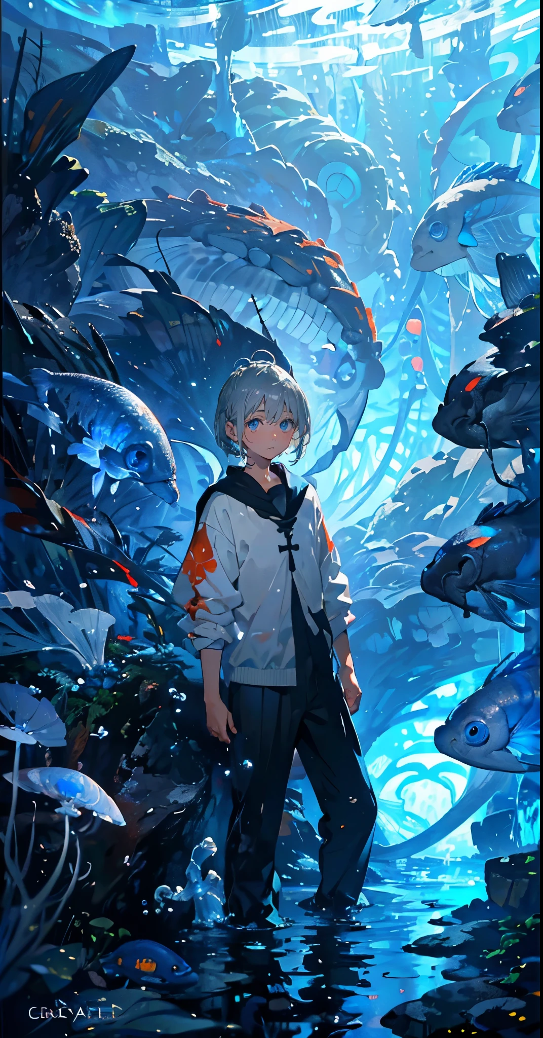 (muste piece), (best quality), very detailed, (1 boy:1.4), Solo Full Body Shot, perfect face, beautiful girl, very detailed顔，(Gray-haired shorthair:1.5)，(blue eyes:1.4)，(float:1.4)，(in water:1.4)，(float:1.3)，seabed，school of fish，Light，jellyfish，seaweed，Red fish，Yellow fish，deep sea，fantasy