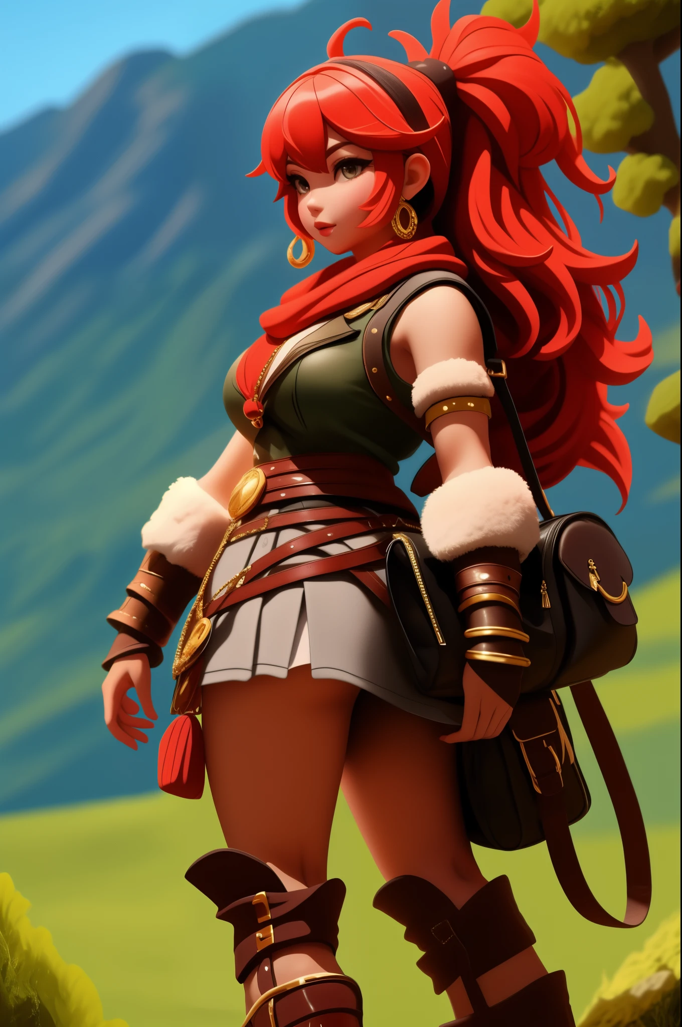 anime, detailed, depth of field, sunny, baarbara, barbarian female, outdoor, walking, being careful, serious look, back view, hills and tree background