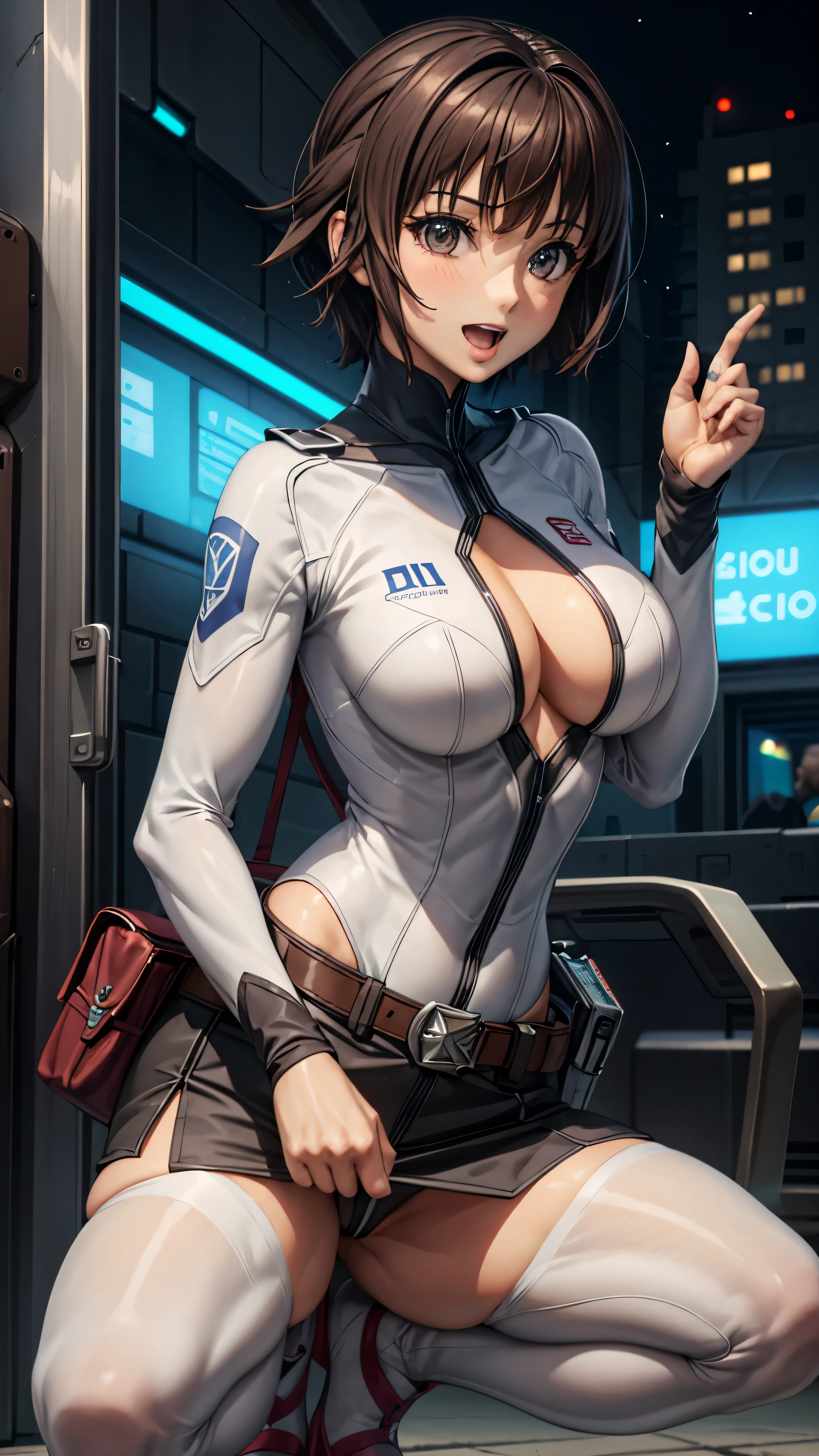 woman,20-year-old,,city,night,((white tight miniskirt bodysuit)),(Harada Makoto),open mouth smile,(See-through)Squats and legs wide open