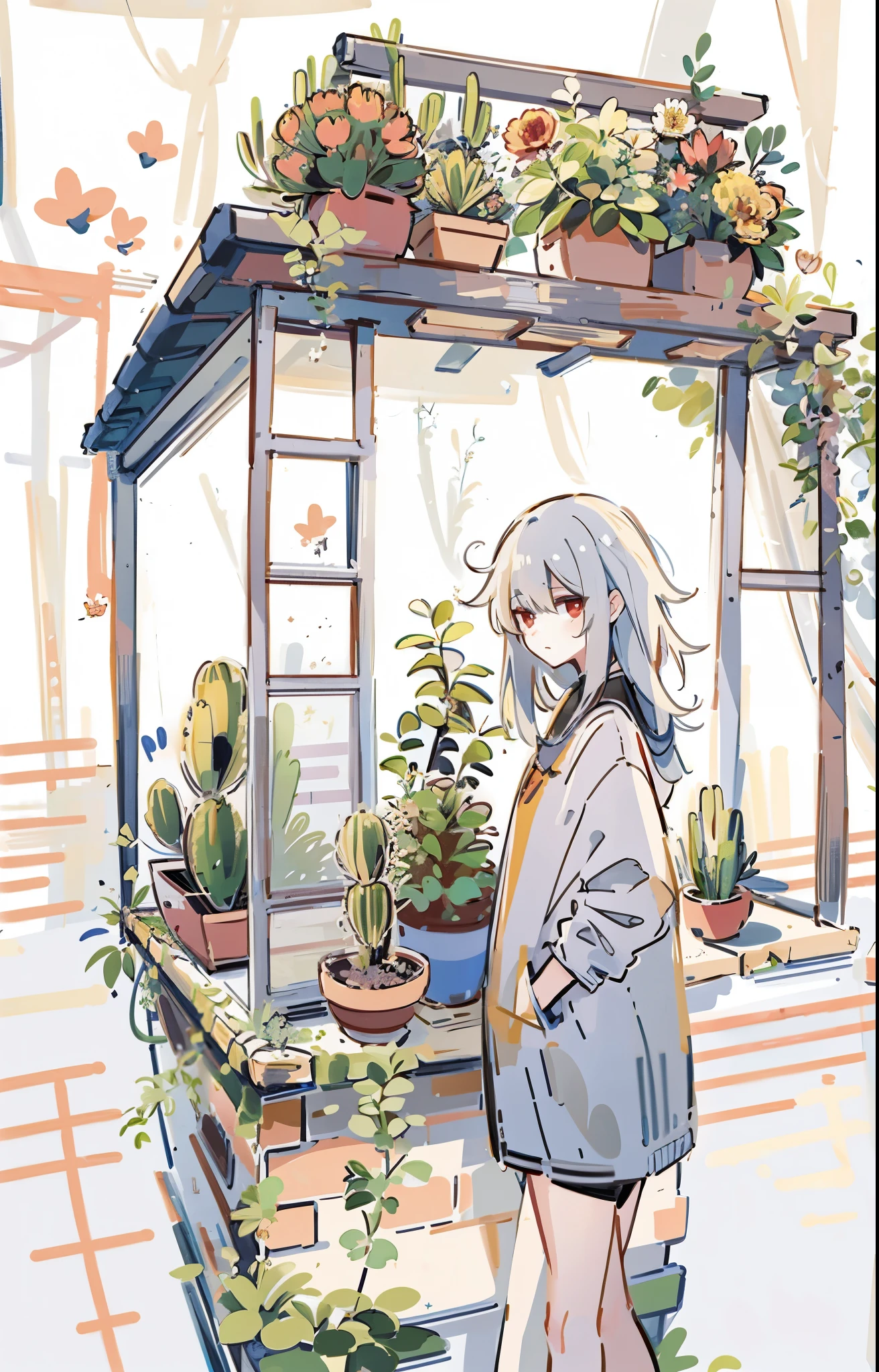extremely delicate and beautiful, Astonishing, fine details, masterpiece, Super detailed, high resolution,Best Illustration, best shadow,complex,sharp focus, high quality, 1 female, alone, greyt hair. red eyes, hands in pockets,Kavi Genshin Impact, glass greenhouse, Flowers in pots, flowers for sale, man looking at flowers, There are flowers everywhere