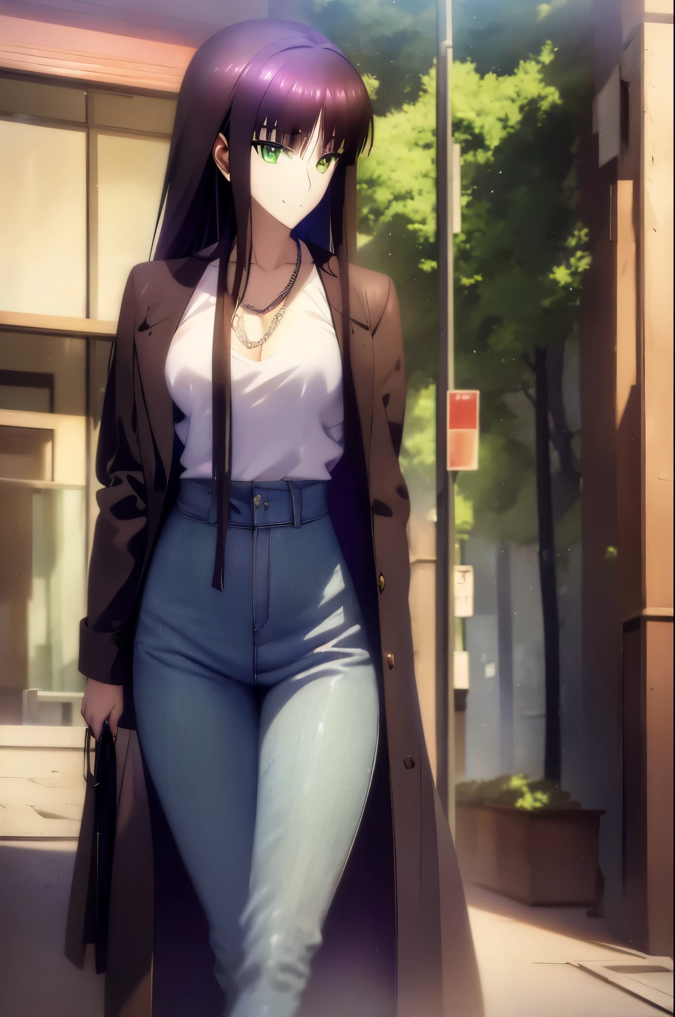 gown coat,long hem coat,girl wearing a long coat,黒のトップとブルー jeansを着て歩道を歩くanime girl, Forest cityscape behind her, anime moe art style, Created at Anime Artist Studio, anime style. 8K, Try generating a girl wearing a coat,HDR, Super detailedなイラスト, highly detailed face, RAW photo, film grain, Are standing,connect UHD and 8K, 長い赤紫髪と緑の目をしたanime girl,anime moe art style, 若いanime girlの接写, Smooth anime CG art,beautiful anime high school girl, anime moe art style, surreal high school girl, Seductive anime girl, anime girl, 魅力的なanime girl, surreal high school girl, anime girl,8K UHD, High resolution,Very detailed CG, high quality shadows, Detail beautiful delicate face, ディテール美しいdelicate eyes,BREAK is(Highly detailed 8K wallpaper),(Highly detailed CG 8K wallpaper),Makima-san (chainsaw man),Scathach (fate/grand order),Reika Shimohira ,high resolution,Very delicate and beautiful CG illustration,highest quality,realistic skin feel,realistic fabric,realistic texture,(((muste piece))), (((best quality))),8K,At 32K,masterpiece,beautiful attractive anime woman,Super fine,Super detailed,High resolution,surreal high school girl,master piece, best quality, high quality, High freshness, high quality texture, high quality shadow, high detail,fine details,1 girl,high school student,solo,Soio,Only one person,Alone,There is only one person,That kind of thing,Adult-like atmosphere,beautiful long legs,beautiful breasts,beautiful thighs,toned legs,Beautiful leg lines,thin waist,mature body girl,reddish purple hair,reddish purple hair,purple hair,cassis colored hair,silky smooth hair,colorful hair,straight hair,shy smile,A happy smiling face,lively look,cute smile,cool beauty,Beautiful woman,handsome face, beautiful realism,temptation expression,bewitching face,calm expression,beautiful hair,smile,colorful eyes,green eyes,jade eyes,beautiful eyes,bright eyes,delicate eyes,jewel-like eyes,jade eyes,bulging eyes,(green eyes:1.5),captivating face,8 head body,height:171cm,彼女は首にnecklace身に着けています,necklace,beaded necklace,magatama accessories,smile,colorful eyes,green eyes,jade eyes,beautiful eyes,bright eyes,delicate eyes,jewel-like eyes,jade eyes,(((Detailed eye details))),bulging eyes,(green eyes:1.5),captivating face,model photos,, Tachi-e, high detail, modern art, romanticism, Realism, hyper realism, cinematic lighting, ray trace, Fuji color, bust shot, 8K, super detail, curate, best quality, 16 km race,outdoor,bustling street,black turtleneck,blue pants,jeans,blouson,private server,winter,stroll,daytime,walking,bust shot,winter jackets,blue sky