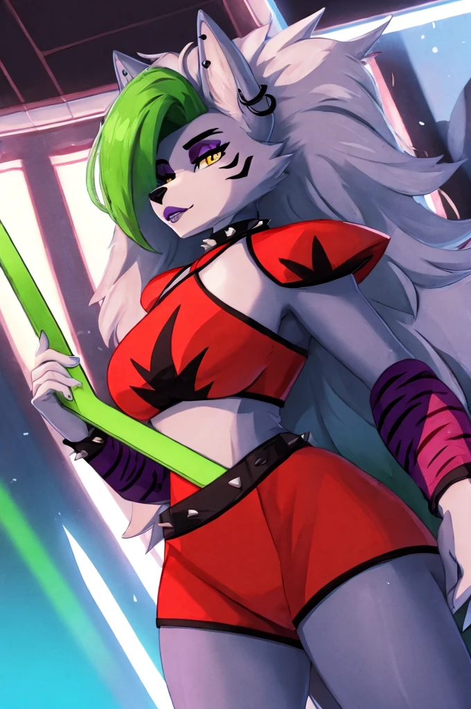 fnafroxanne, furry female, body fur, makeup, wolf ears, wolf tail, crop top, big breasts, purple lipstick, collar, spikes, jewelry, ear piercing, bracelet, yellow eyes, detailed eyes, 3DMM, gray hair, green hair, make sure to look for a roxanne model