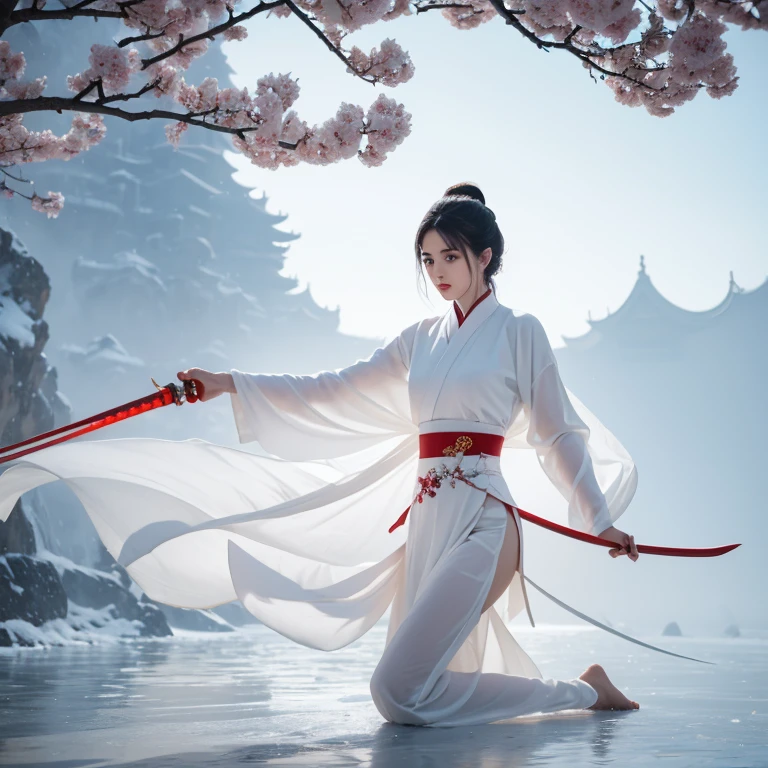 Martial arts，The heroine in white，Beautiful and refined appearance，Hot figure，White skin, beautiful long legs，Holding a jade sword in hand，Yihua palace background