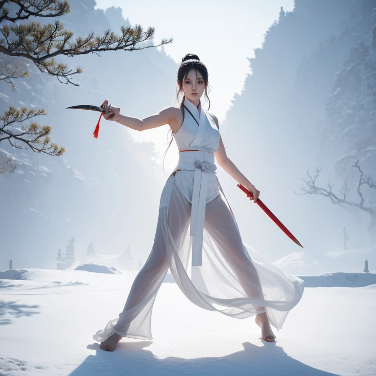 Martial arts，The heroine in white，Beautiful and refined appearance，Hot figure，White skin, beautiful long legs，Holding a jade sword in hand，Yihua palace background