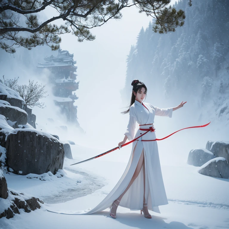 Martial arts，The heroine in white，Beautiful and refined appearance，Hot figure，White skin, beautiful long legs，Holding a jade sword in hand，Yihua palace background