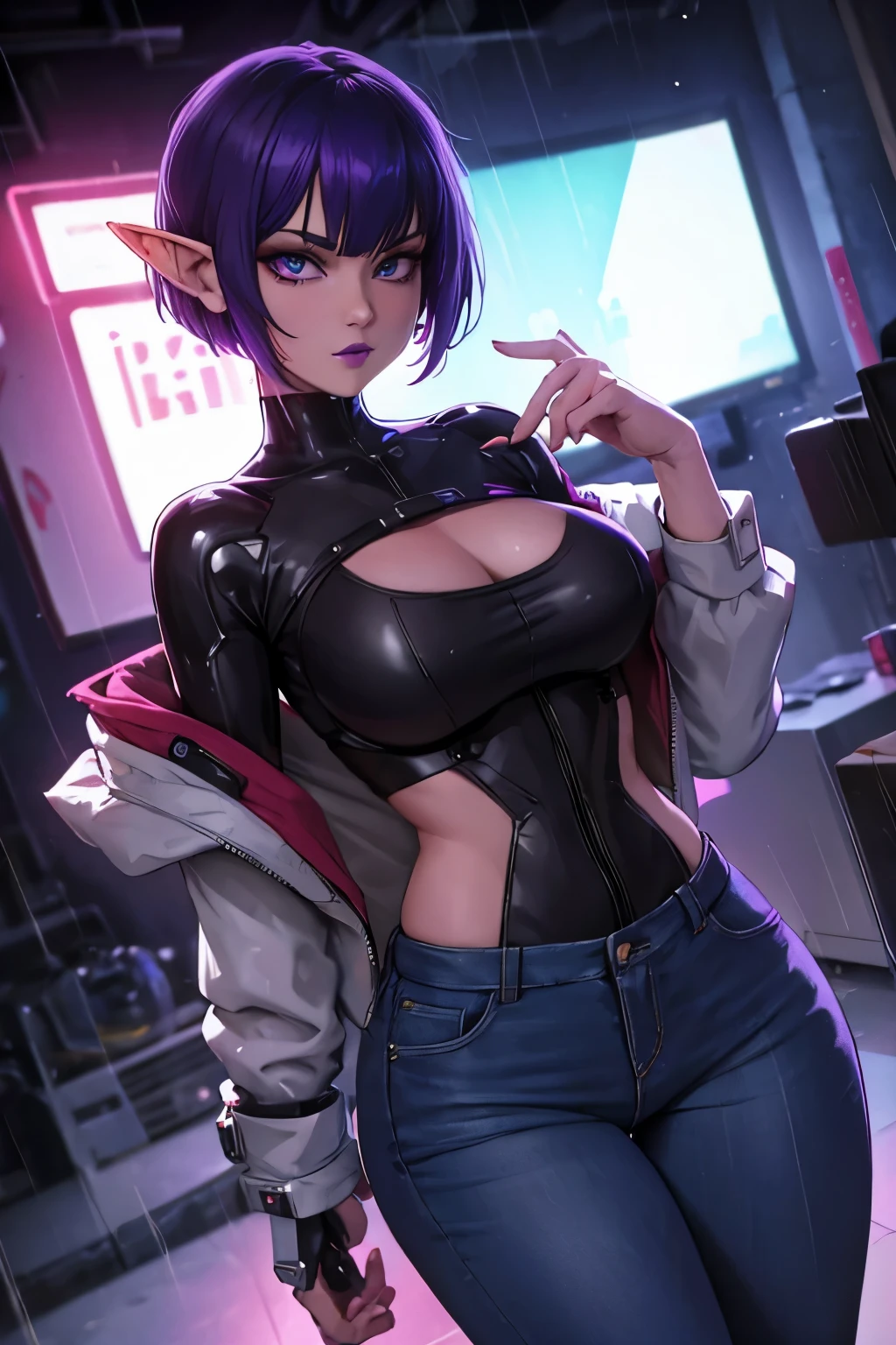Cute and sexy elf girl, shorthair, dark-purple lips, jeans, short sleeve jacket, heavy boots, Rain, heavy rain, rainy weather, cyberpunk, cyberpunk style,augmentations, cyberpunk augmentations, metal hand,