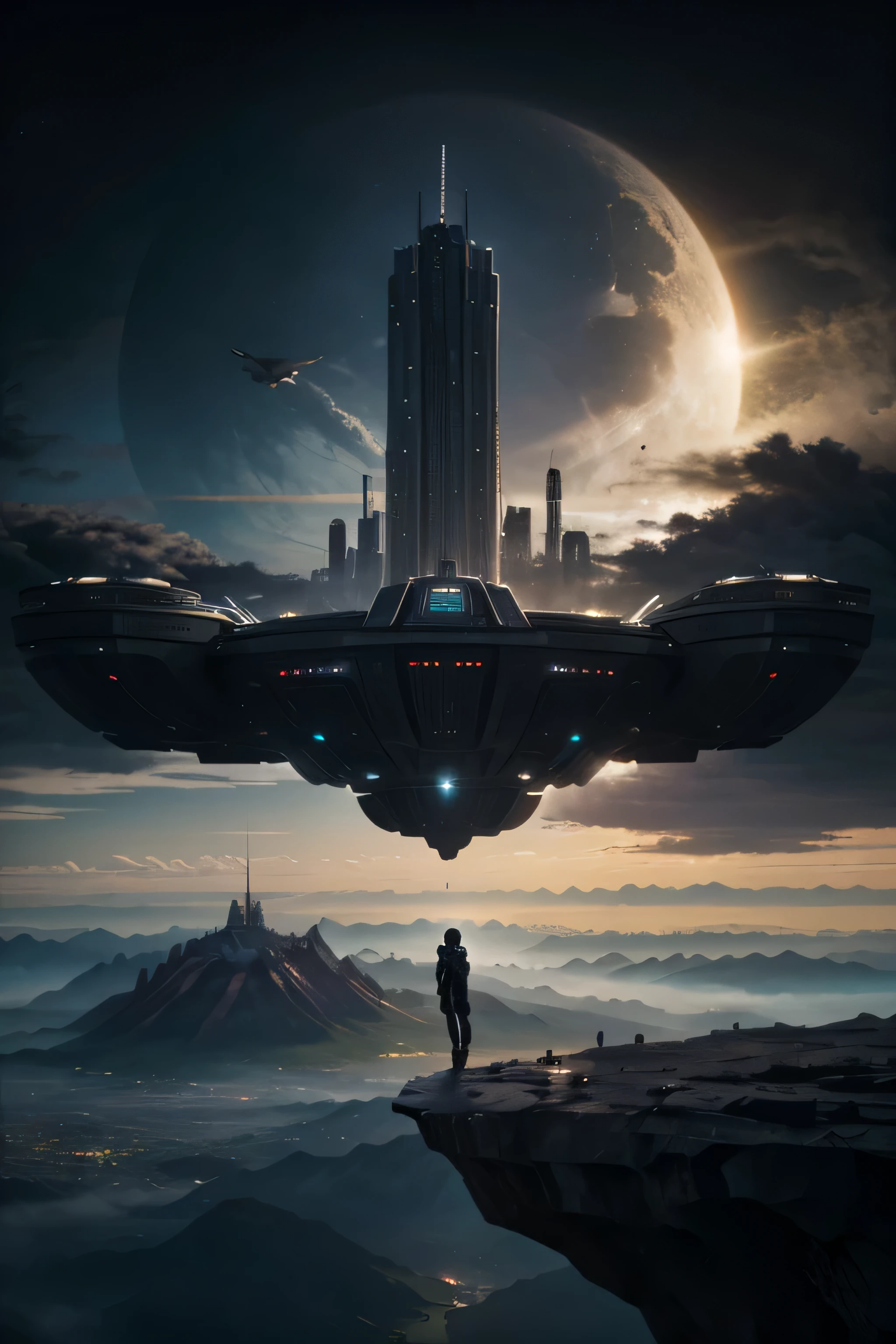 THE BLACK PANTHER RETURNING HOME TO WAKANDA, STANDING ON THE EDGE OF THE MOUNTAIN LOOKING DOWN AT THE DISTANT FUTURISTIC CITY OF WAKANDA THAT IS COVERED BO A PLASMA GLASS FORCEFIELD, NIGHT TIME, 4K, RAW, CANON 100MM