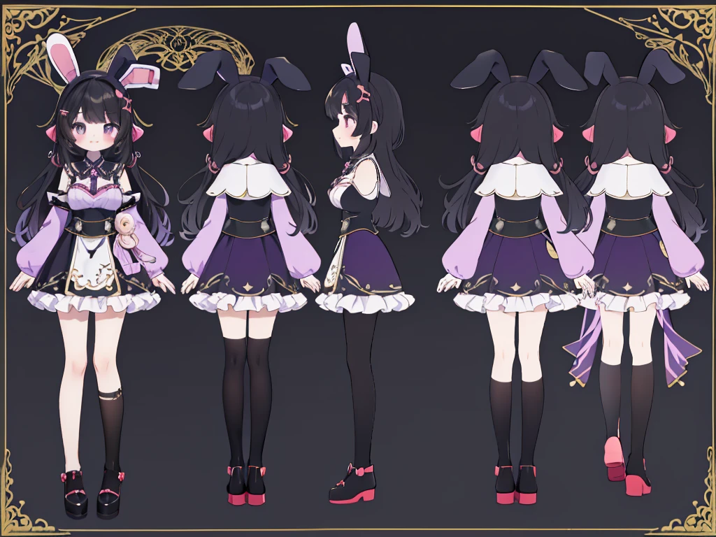 Reference Sheet,character sheet,Standing picture、full body esbian、black hair、fluttering hair、smile,masterpiece、best image quality、black and purple mini dress,Moe sleeve,キャラクターReference Sheet,Kuromi,Round stuffed bunny ears,True horizontal drawing,Height: 150cm,front and side drawing