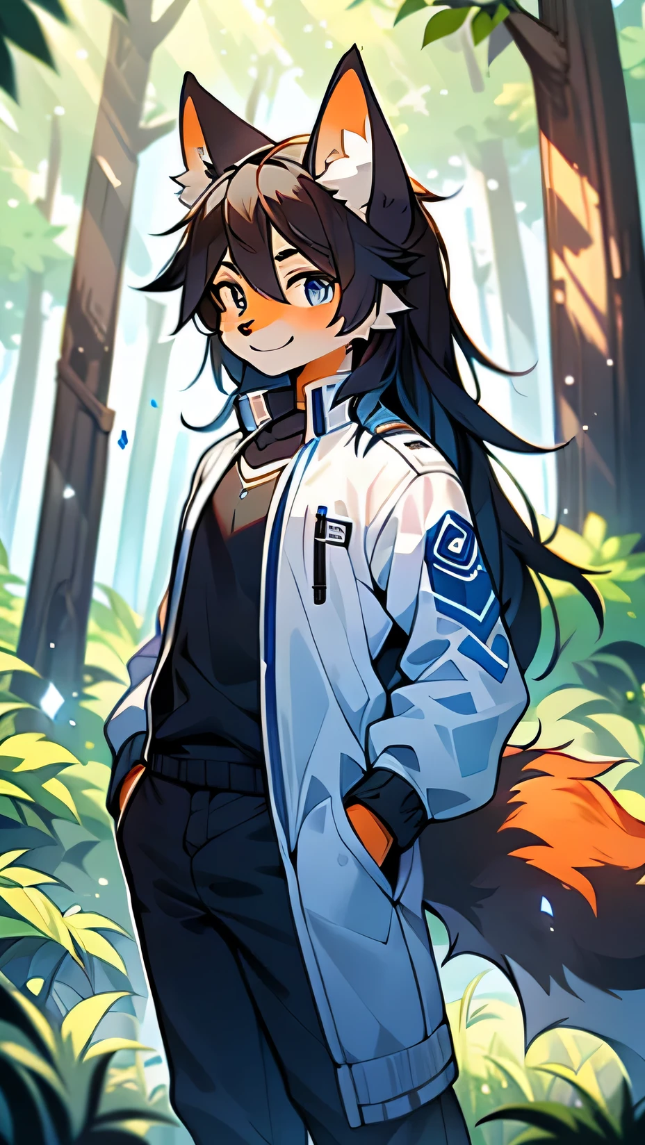 The golden orange male wolf is 180 cm tall，bluish violet eyes, , long black hair, end, The upper body shows off the perfect body，blue and white sportswear，cloth pocket，with smile，Two small ears，Stand with fair skin ，in the woods
