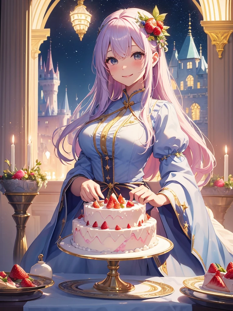 highest quality、Highest image quality、masterpiece、A castle made of a giant cake measuring 300 centimeters in height、、close up cake、Esbian、High quality、beautiful art、background((starry ski)))muste piece、visual art、Depth of bounds written、city of cakes、cake palace、、magic of light、、harp melody🎵、A happy smile、gentle light、、、Number of fingers to achieve precise finger movements、ticker beautiful decorative、mystical　rosa、　、amazing strawberry cake、celebration！anniversary、myth、Art nouveau friendly smile、party、🍰huge cake for party、delicious、super huge cake 3 meters、castle made of cake　fairy tales、palace of cake
