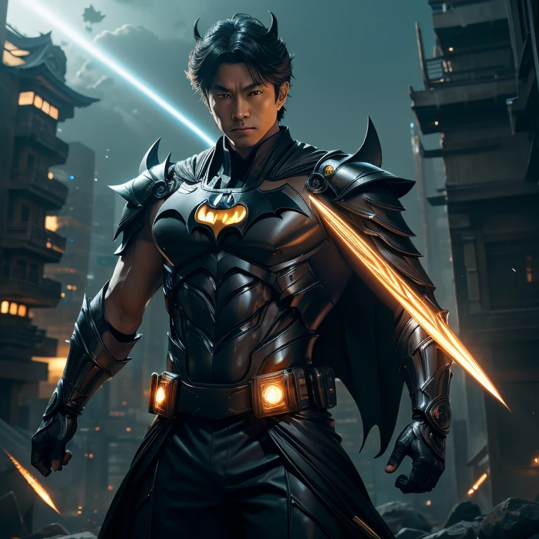 In the heart of a modern metropolis, Gojo Satoru, the revered Jujutsu sorcerer, dons an extraordinary transformation. His usual attire, the classic Japanese robe, is replaced by an awe-inspiring Batman suit, meticulously crafted from advanced metal armor. The stark contrast of the traditional and the futuristic creates a vivid tableau.
The suit, illuminated by the atmospheric oliva lighting, gleams under the 4k UHD camera's sharp focus. Its hyper-detailed design boasts intricate patterns and contours, reflecting the fusion of ancient jujutsu techniques and cutting-edge technology. The