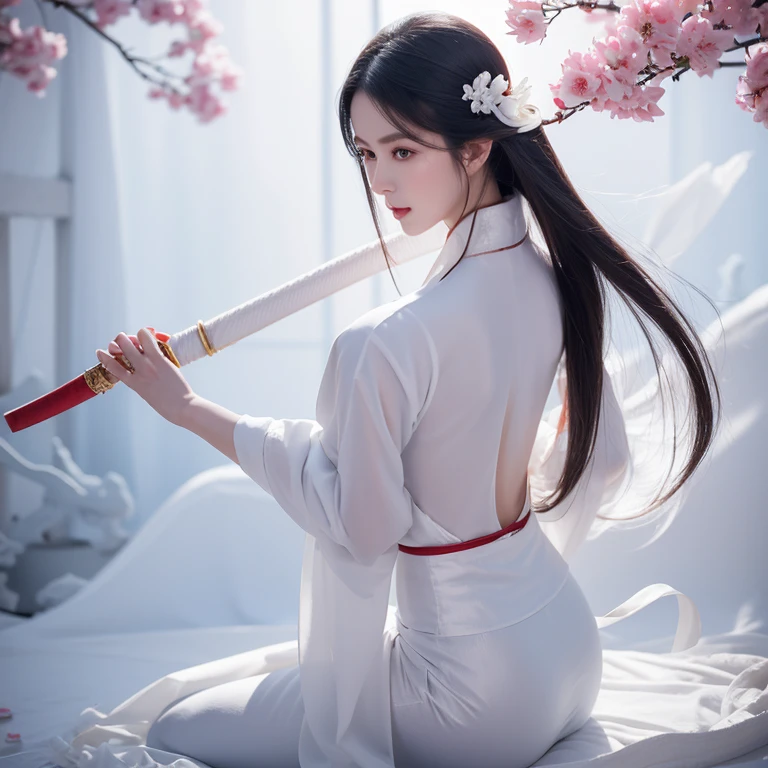 Martial arts,The heroine in white,Beautiful and refined appearance,Hot figure,White skin, beautiful long legs,Holding a jade sword in hand,Yihua palace background,Close-up of long hair bleached,sharp eyes