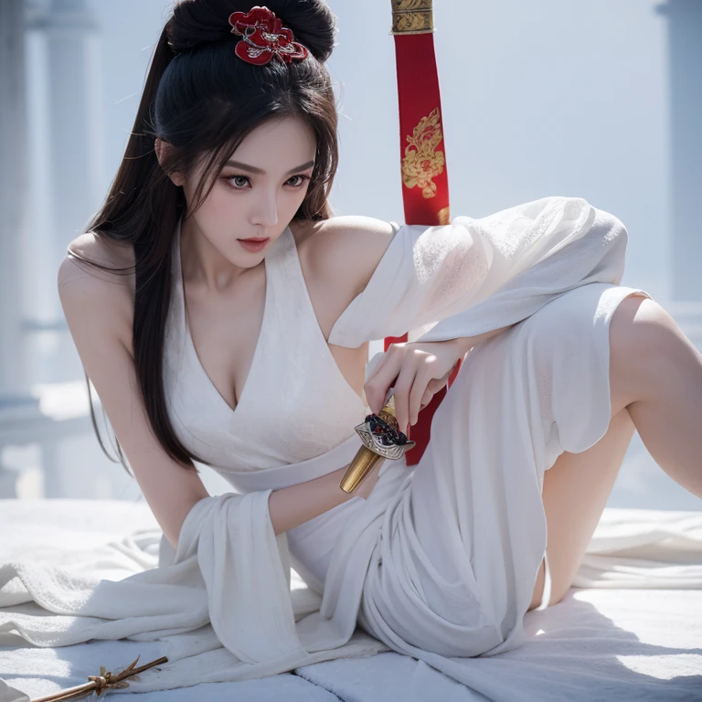 a close up of a woman with a sword in a white dress, a character portrait by Yang J, trending on cgsociety, fantasy art, beautiful character painting, artwork in the style of guweiz, guweiz, white hanfu, flowing white robes, full body wuxia, epic exquisite character art, stunning character art, beautiful female assassin  