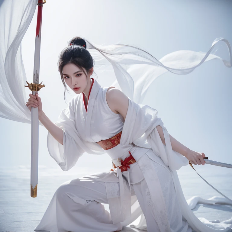 Martial arts，The heroine in white，Beautiful and refined appearance，Hot figure，White skin, beautiful long legs，Holding a jade sword in hand，Yihua palace background，Close-up of long hair bleached，sharp eyes