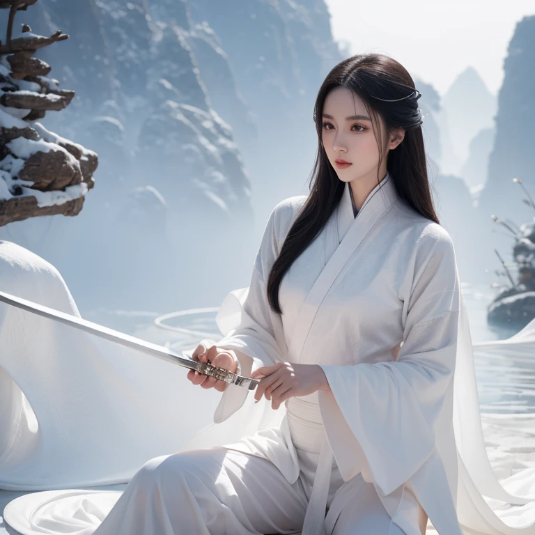 Martial arts,The heroine in white,Beautiful and refined appearance,Hot figure,White skin, beautiful long legs,Holding a jade sword in hand,Yihua palace background,Close-up of long hair bleached,sharp eyes