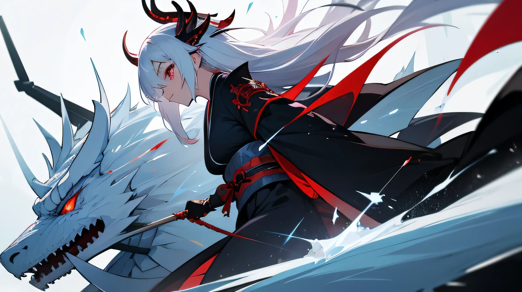 battle, 22 years old girl white hair red eyes ice magician black kimono, and ice dragon