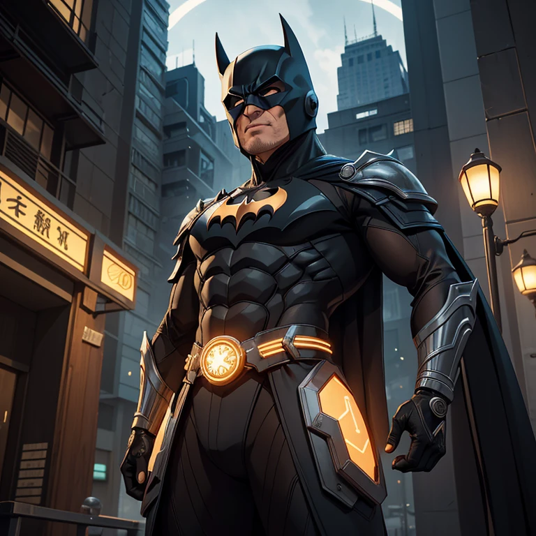 In the heart of a modern metropolis, Gojo Satoru, the revered Jujutsu sorcerer, dons an extraordinary transformation. His usual attire, the classic Japanese robe, is replaced by an awe-inspiring Batman suit, meticulously crafted from advanced metal armor. The stark contrast of the traditional and the futuristic creates a vivid tableau.

The suit, illuminated by the atmospheric oliva lighting, gleams under the 4k UHD camera's sharp focus. Its hyper-detailed design boasts intricate patterns and contours, reflecting the fusion of ancient jujutsu techniques and cutting-edge technology. The