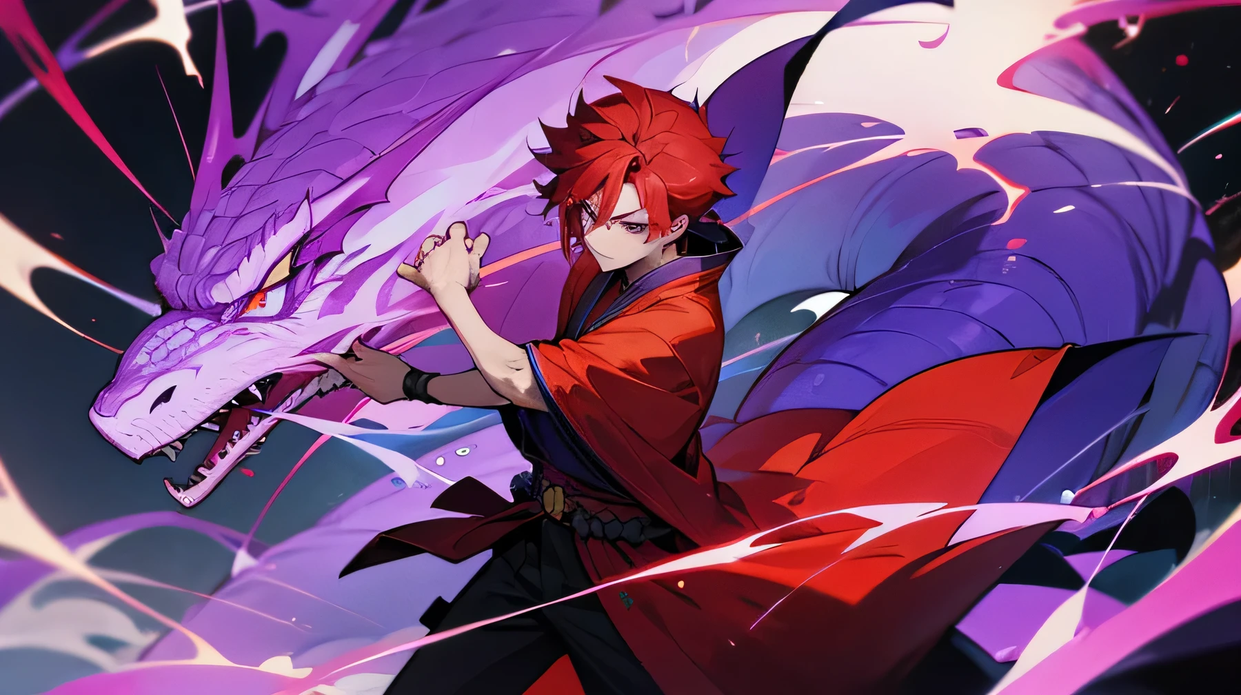 battle, electric magician, 22, guy with red hair, red kimono, and an electric dragon of purple color