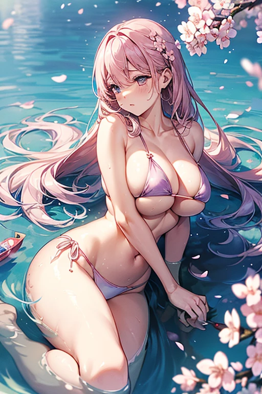 Flowers bloom by the water、weeping cherry blossoms、(Cherry blossom petals floating on the surface of the water:1.5)、water reflection!!!!!、complex, fascinating and fascinating、sexy woman、(Sexy white bikini with transparent skin)、beautiful female body、fantastic and fantasticな雰囲気、dreamy aesthetics、mysterious softness、soft aesthetics、fantastic and fantastic、fantastic and fantasticなスタイル、fantastic and fantastic、(((very big boobs)))、beautiful leg style、((pink water surface、purple water surface))