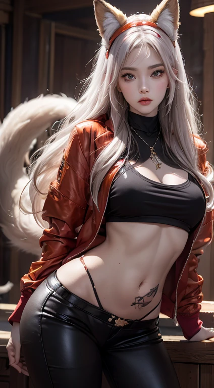 lifelike, high resolution, 1 female, Buttocks up, beautiful eyes, long hair, eye socket, jewelry, tattoo, infection monitor (Ark Night), Angelina (Ark Night), blush, Double tail, Headband, animal ears, red Headband, Keep your mouth shut, fox ears, Bangs, red jacket, black shirt, shirt, orange eyes, jacket, Rear view