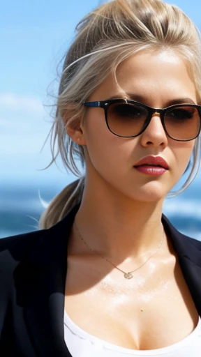 Female sexy、platinum blonde hair, light brown hair, streaked hair, blonde highlights hair, wet hair, ponytail hair,  office jacket,  white buttoned business shirt、office skirt, glasses, secretary, dark tanned skin, crystal blue eyes,  looking at the camera, office cubicle, intelligent 