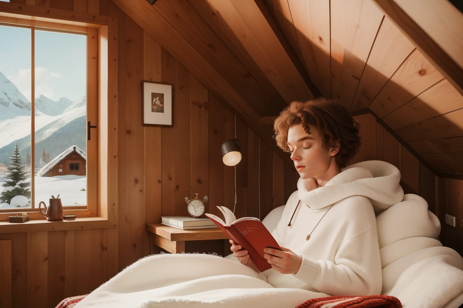 In the cozy attic hideaway of a Scandinavian-inspired cabin in the 2020s, a fourteen-year-old white boy, with messy red curls and a Nordic sweater, enjoys a quiet afternoon of reading, surrounded by plush blankets and snow-capped mountain views.