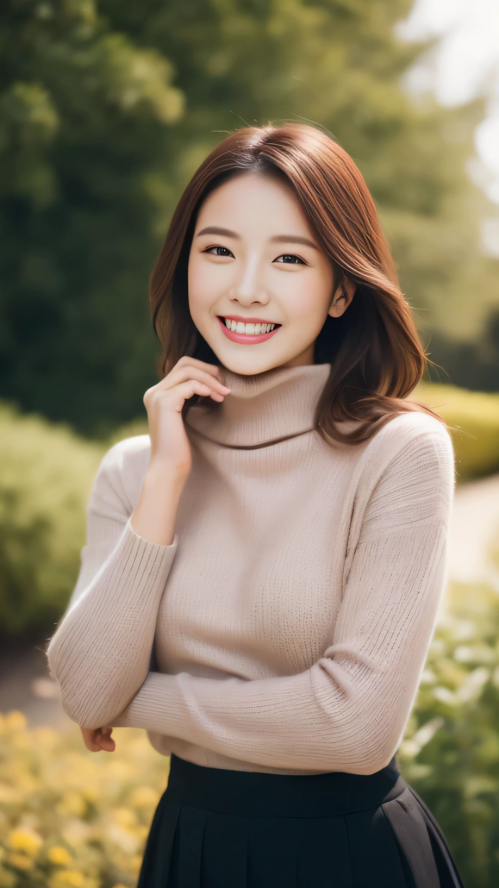 hostess face、sexy face、turtleneck wool sweater、skirt、High quality、Super realistic、healthy、smiling expression、perfect slender figure、Japanese beauty、 perfect eyes、Shining beautiful skin、garden